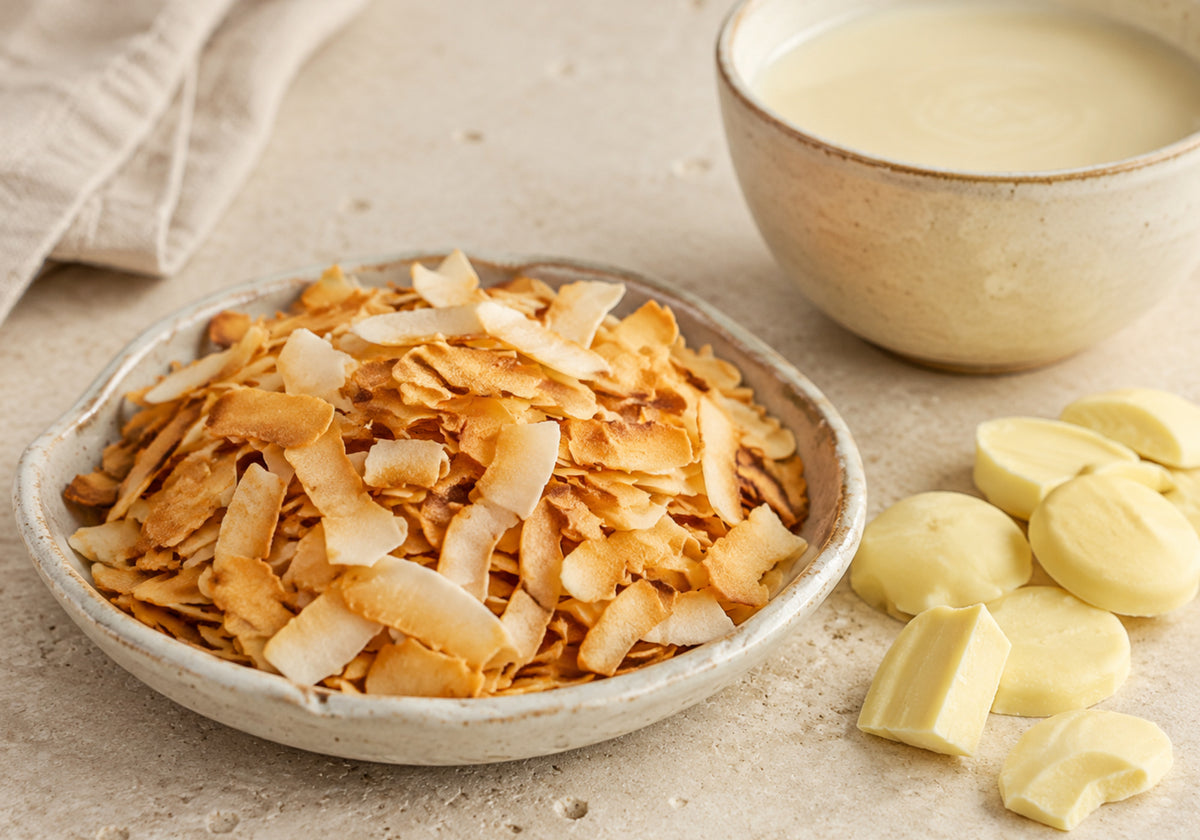 Golden toasted coconut and Belgian white chocolate used in Dello Mano drinking chocolate