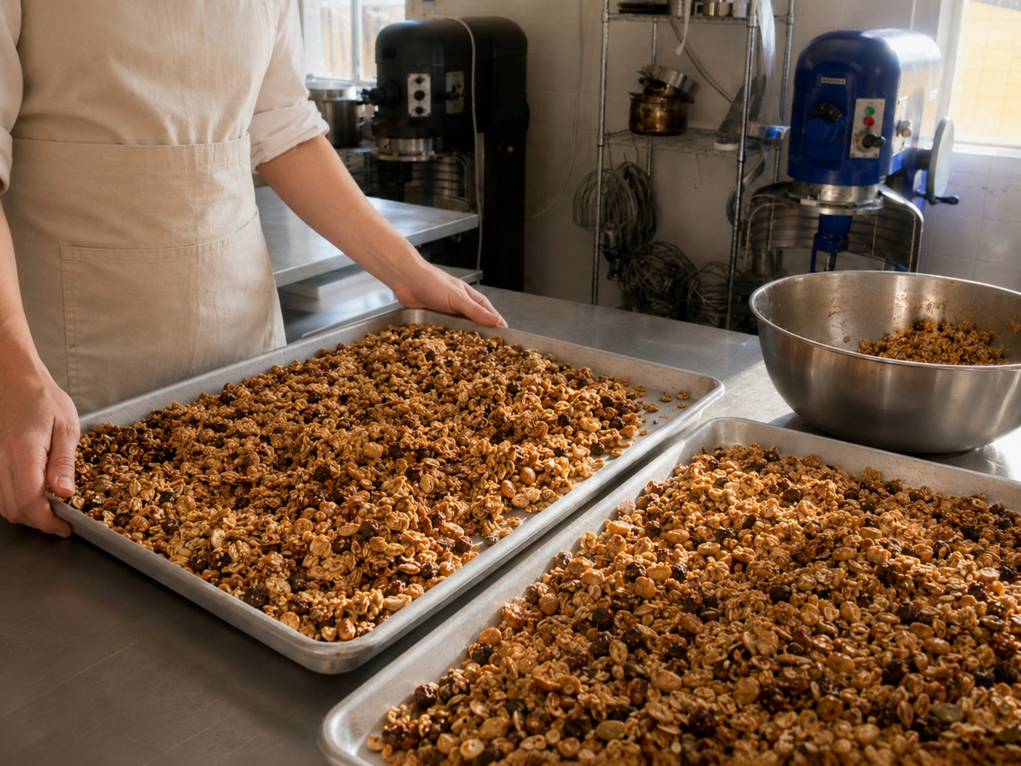 Dello Mano handmade granola carried on baking trays in the Brisbane kitchen
