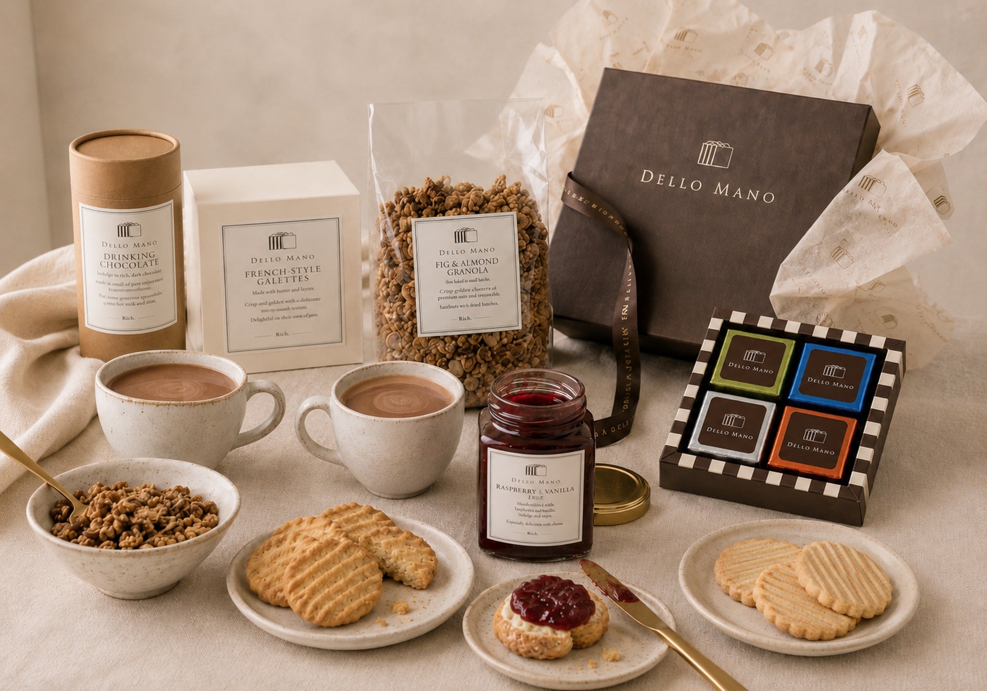 Dello Mano hamper moment with drinking chocolate, granola, raspberry vanilla jam, French-style galettes and a four-piece foil-wrapped brownie gift box.