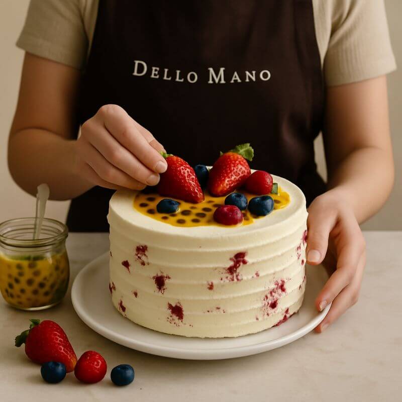 A baker in a Dello Mano apron handmaking a Raspberry & Passionfruit Cake with fresh fruit on a marble bench