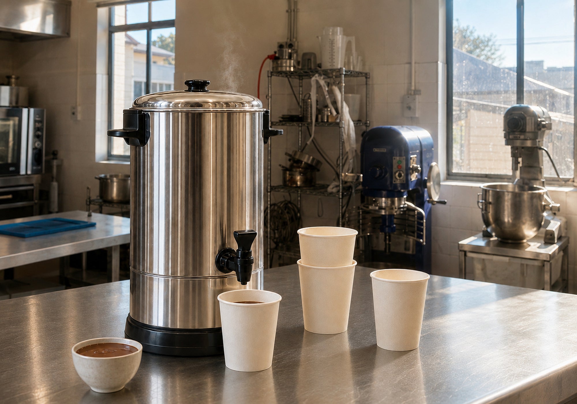 Dello Mano hot chocolate urn with tasting cups on a stainless-steel bench in our West End kitchen.