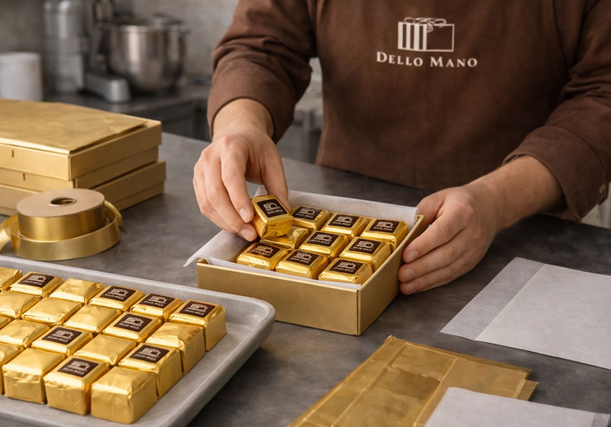 Hand packing luxury brownie gift box with individually wrapped handmade brownies at kitchen