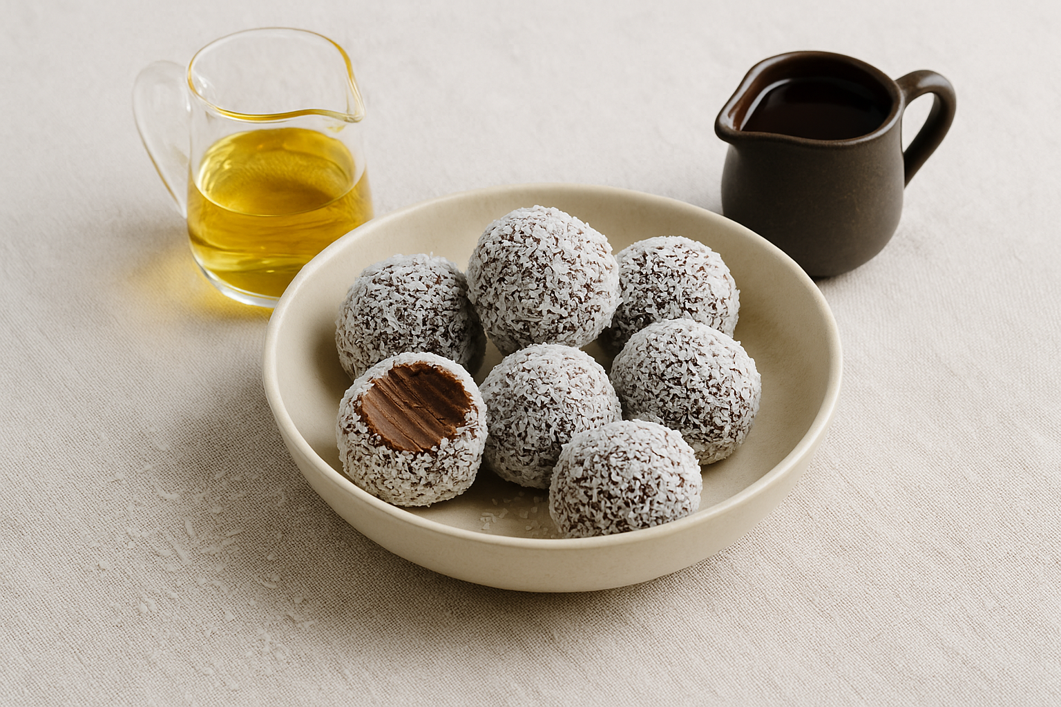 Handmade coconut-coated rum balls in a ceramic bowl with one bitten open, styled on natural linen with a glass jug of golden rum and a small jug of melted chocolate, calm aesthetic