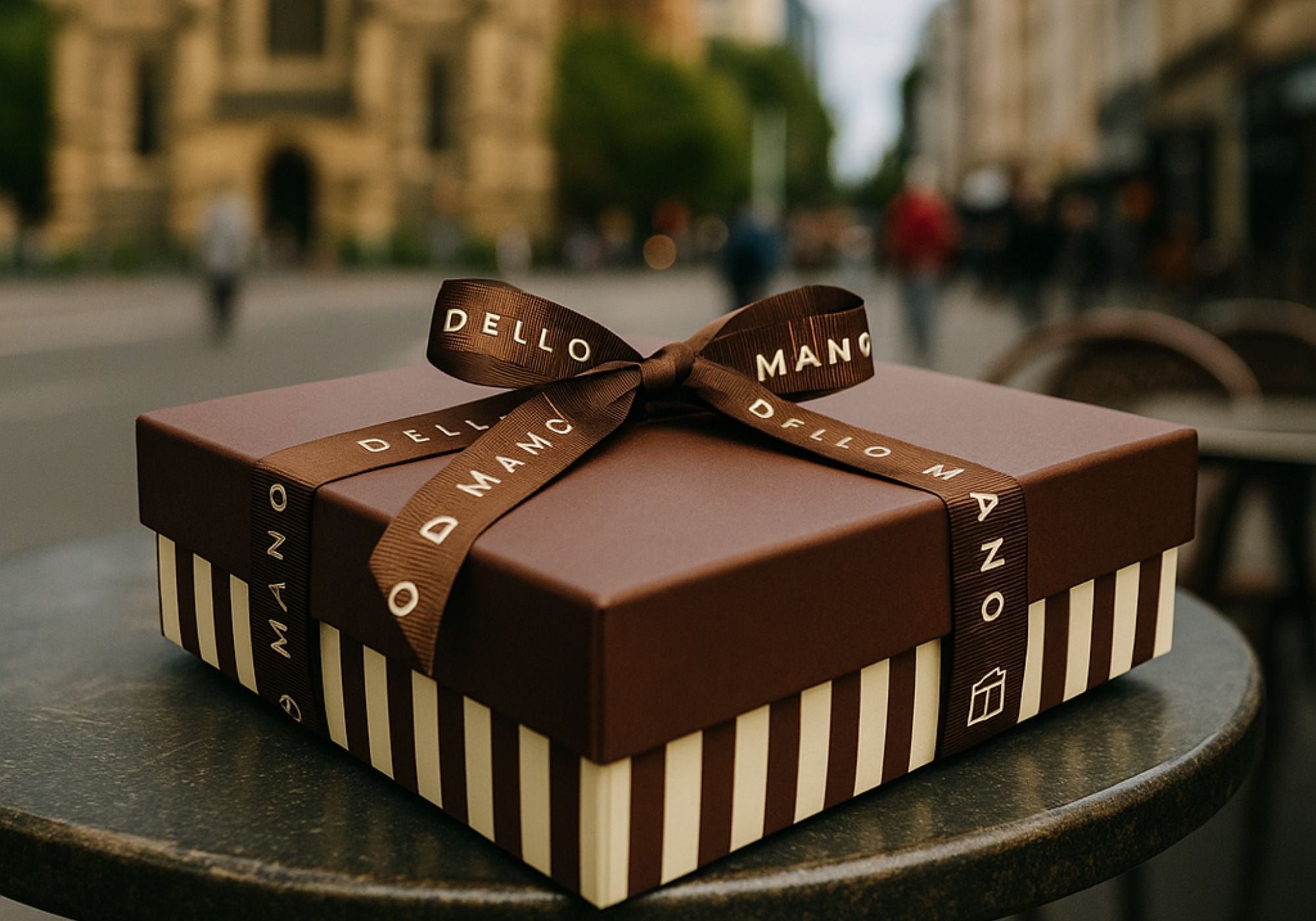 Dello Mano brownie gift box on café table with Melbourne street scene, representing luxury brownie delivery Melbourne