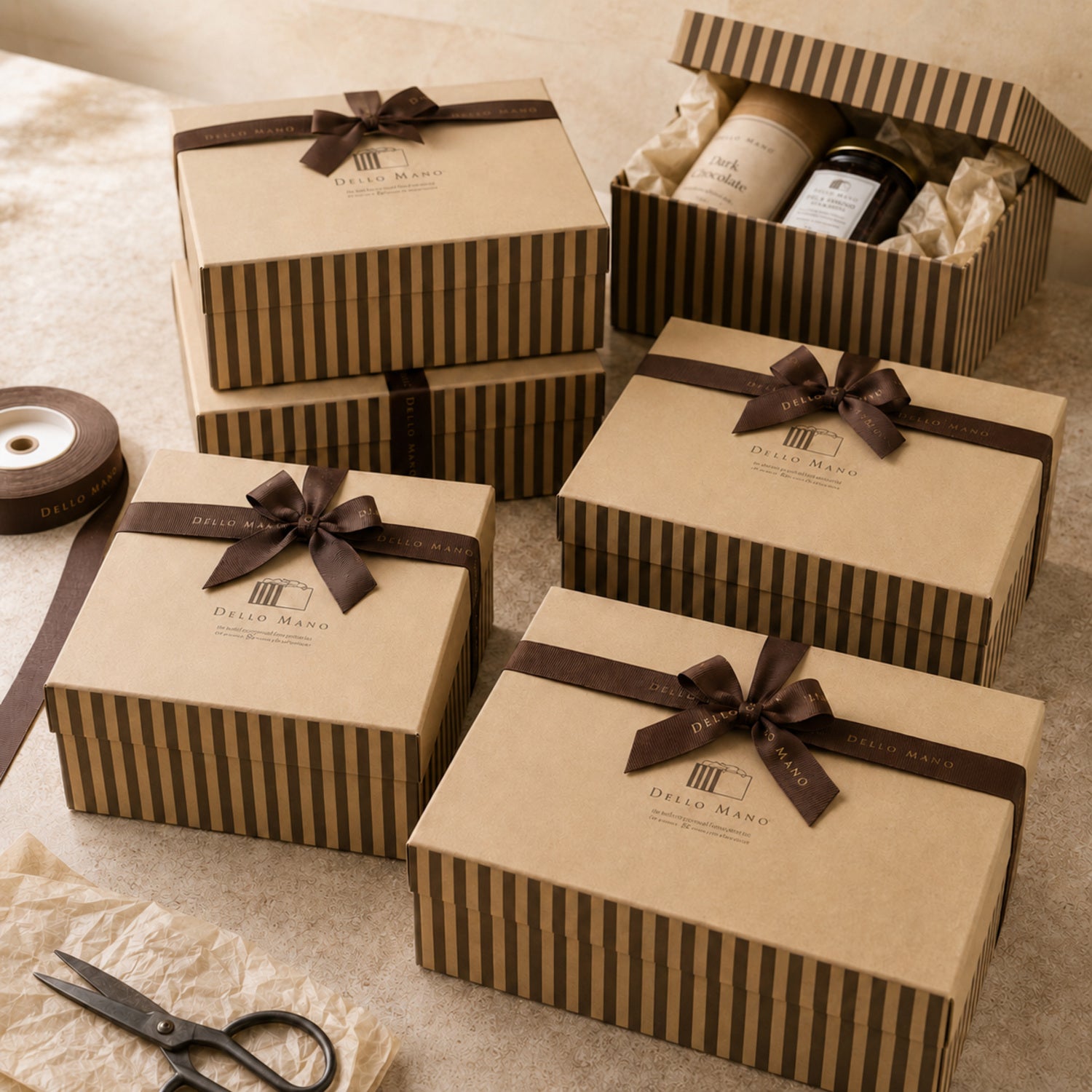 Multiple Dello Mano corporate hampers in recyclable striped kraft boxes prepared for coordinated delivery.