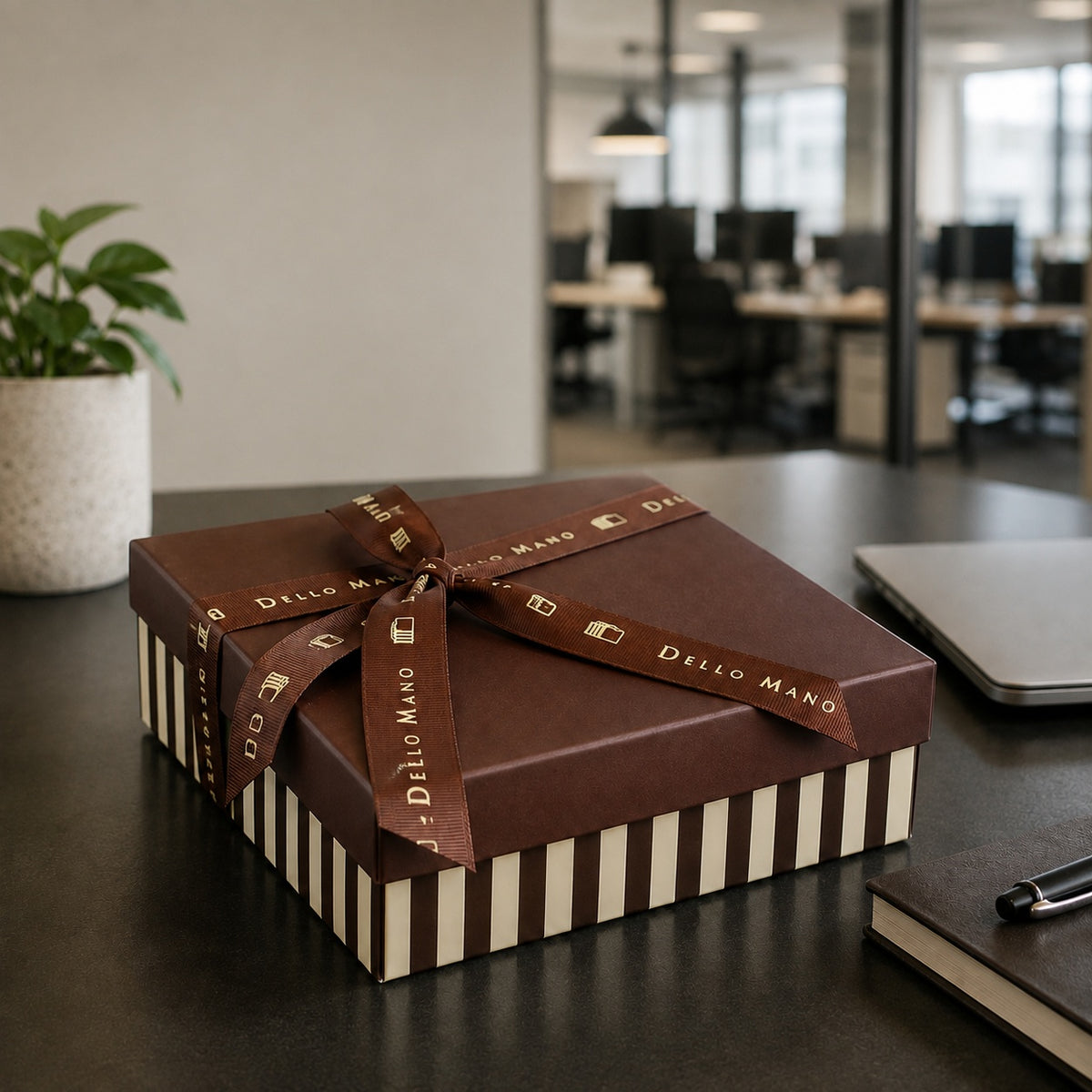 Dello Mano ribboned gift box on a modern office desk, ready for delivery to a business recipient.