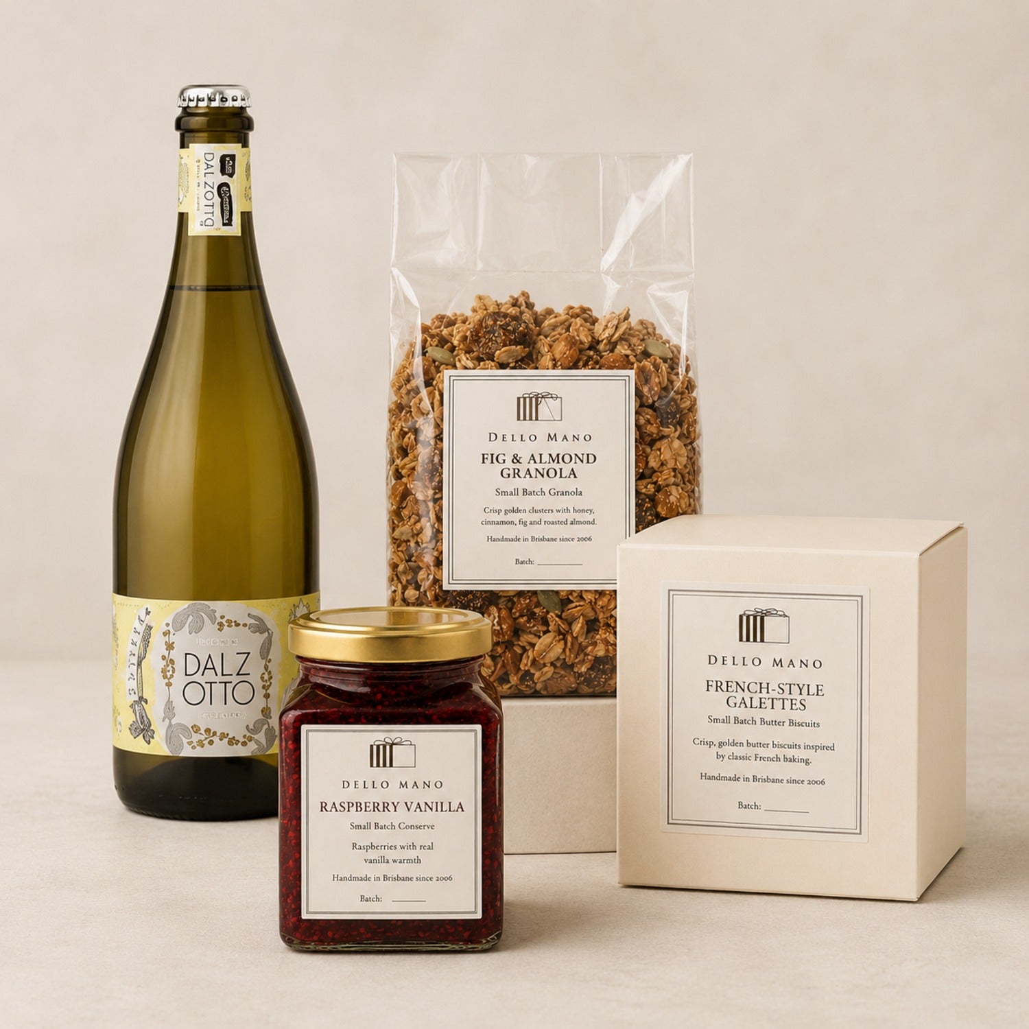 Dal Zotto Prosecco with Dello Mano Fig & Almond Granola, Raspberry Vanilla Jam and French-Style Galettes