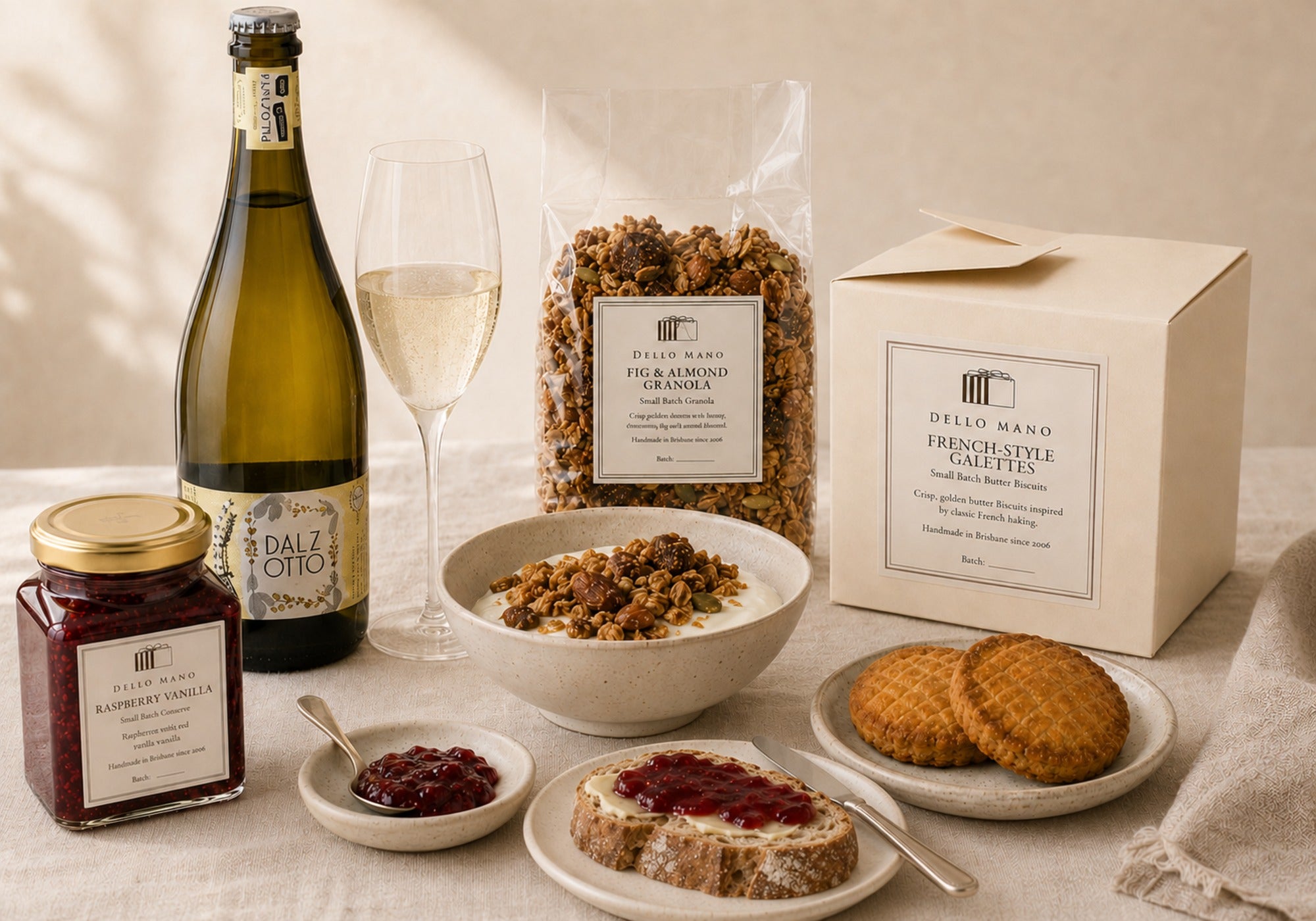 Dal Zotto Prosecco with Dello Mano granola, Raspberry Vanilla Jam and French-Style Galettes arranged for brunch