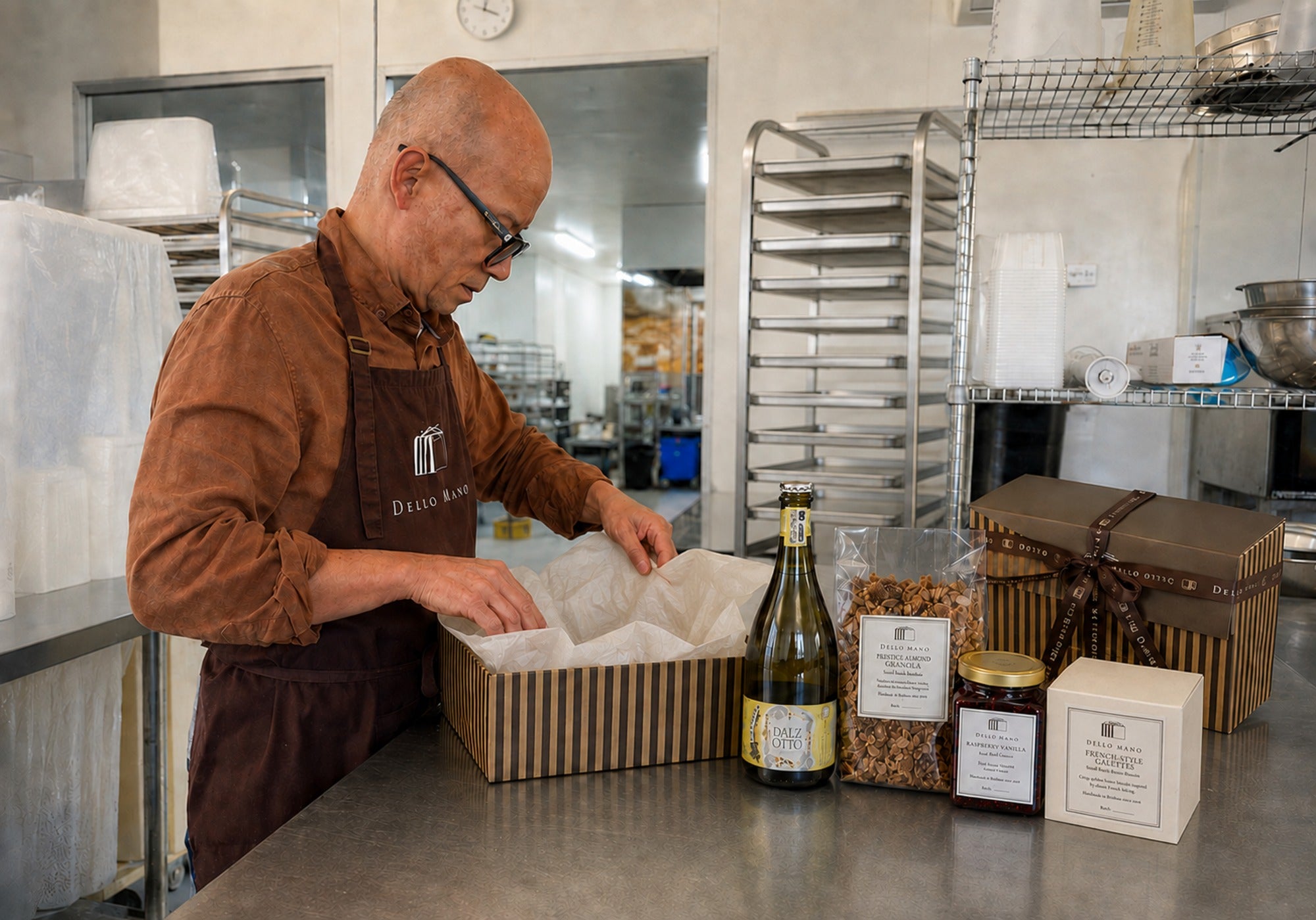 Dello Mano Prosecco Brunch Gift being packed with handmade granola, jam and French-Style Galettes in the Brisbane kitchen