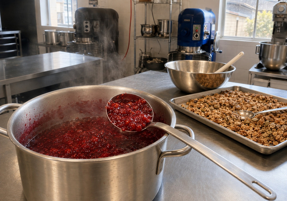 Dello Mano raspberry jam cooking beside handmade granola in the Brisbane kitchen