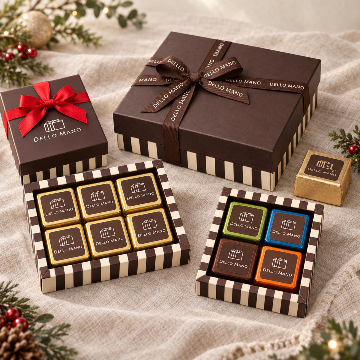 Dello Mano Christmas brownie gift boxes with individually wrapped mixed and classic brownies.