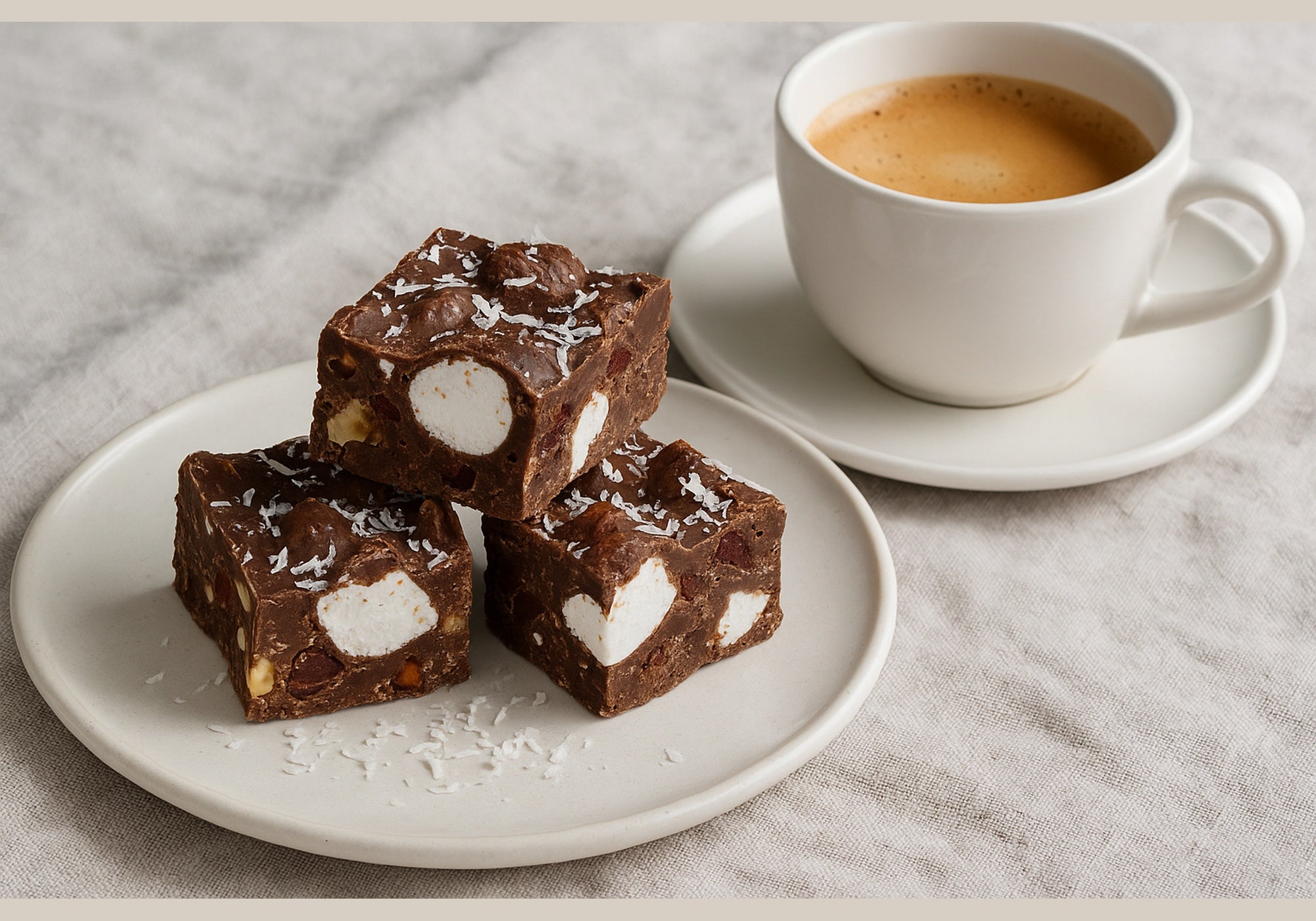 Handmade Rocky Road with Belgian milk chocolate, marshmallows, roasted nuts, and coconut flakes served on a white ceramic plate beside a cup of coffee on natural linen.