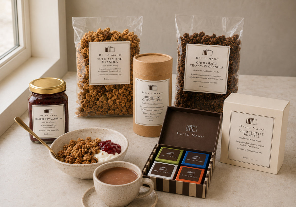 Dello Mano Slow Morning Hamper with handmade granola, conserve, drinking chocolate, biscuits and Luxury Brownies.