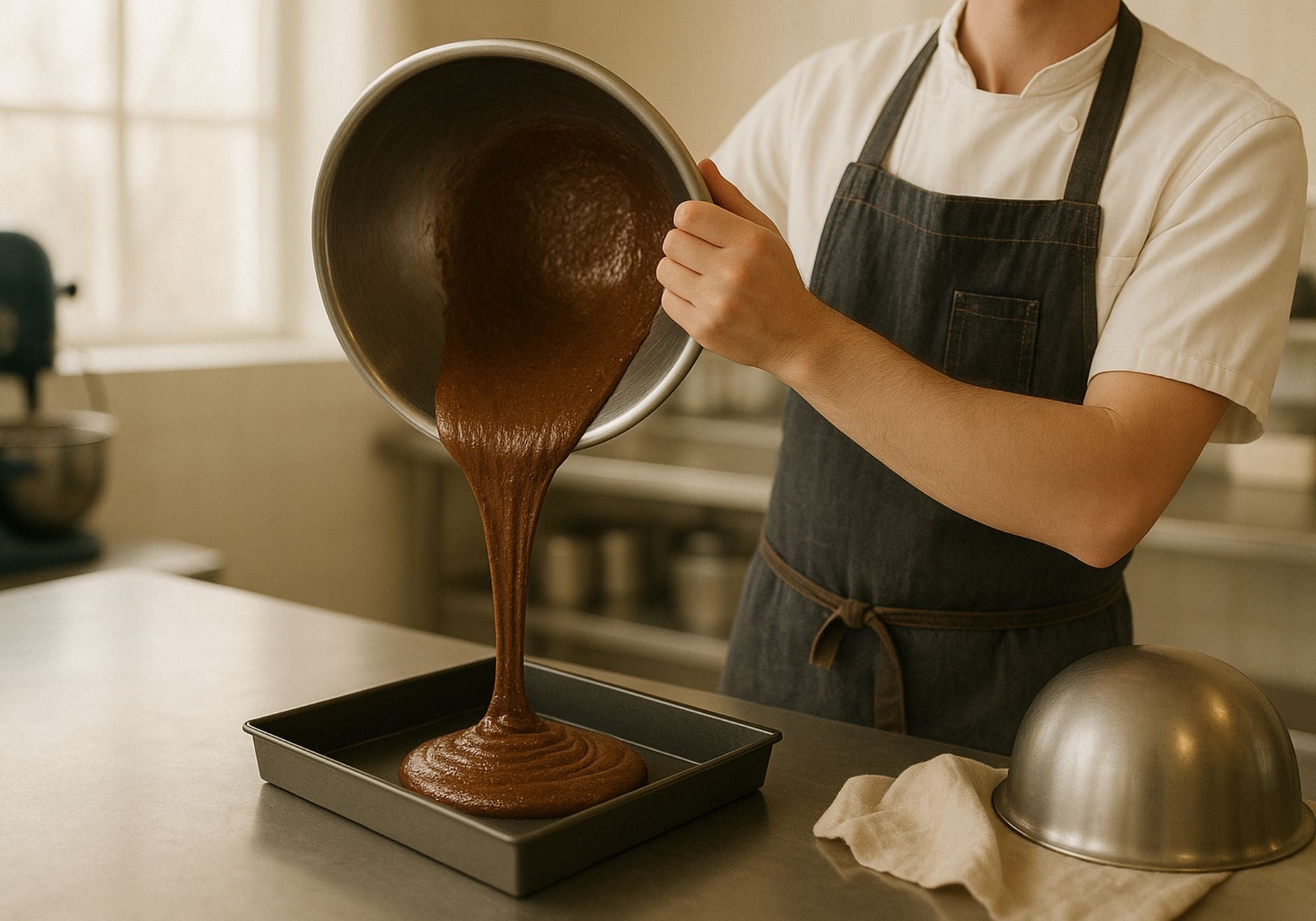 Dello Mano brownie batter being poured into a baking tray in the Brisbane kitchen during small-batch brownie preparation.