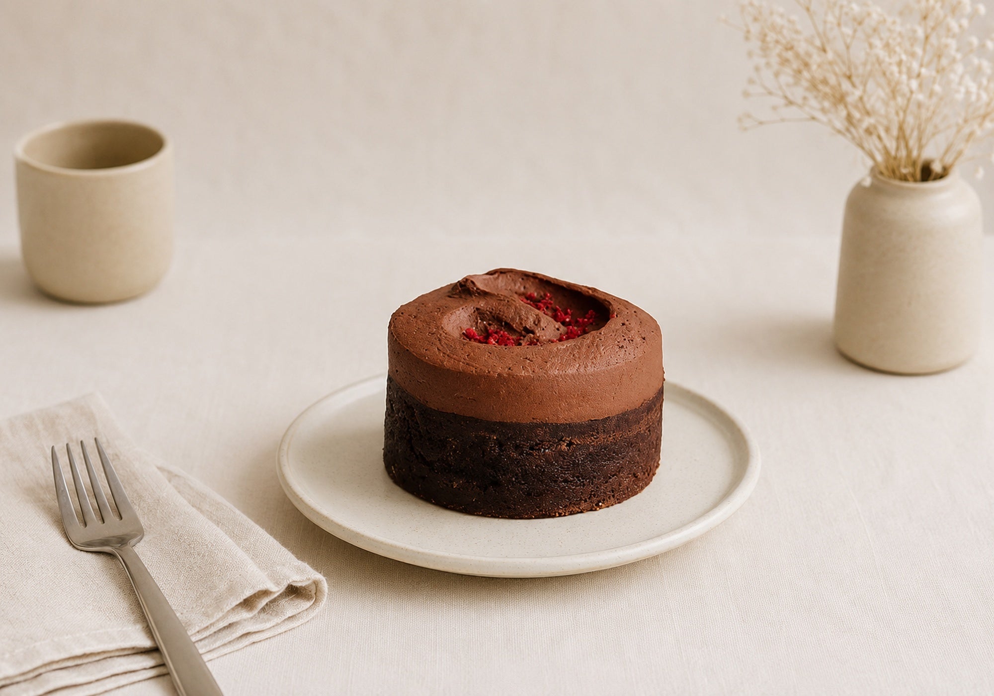 Small 13 cm Dello Mano chocolate cake with chocolate frosting and raspberry pieces, served on a ceramic plate in a calm neutral setting.