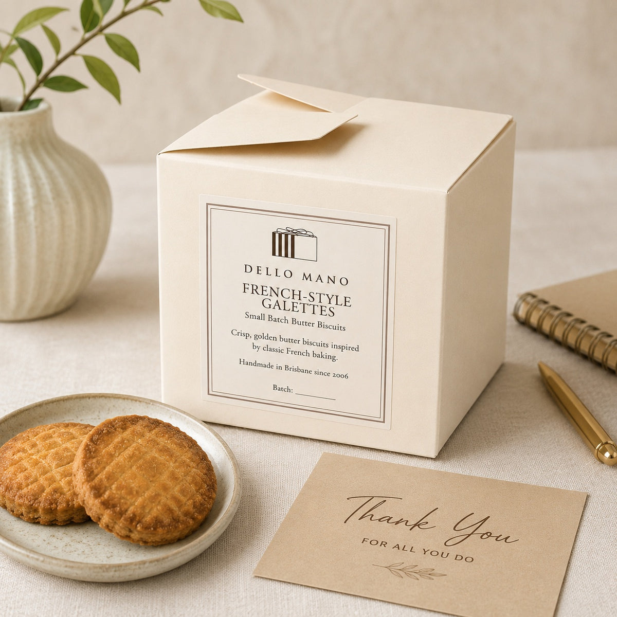 Dello Mano French Galettes gift box with butter biscuits, a thank-you card and notebook, styled as a thoughtful teacher gift.