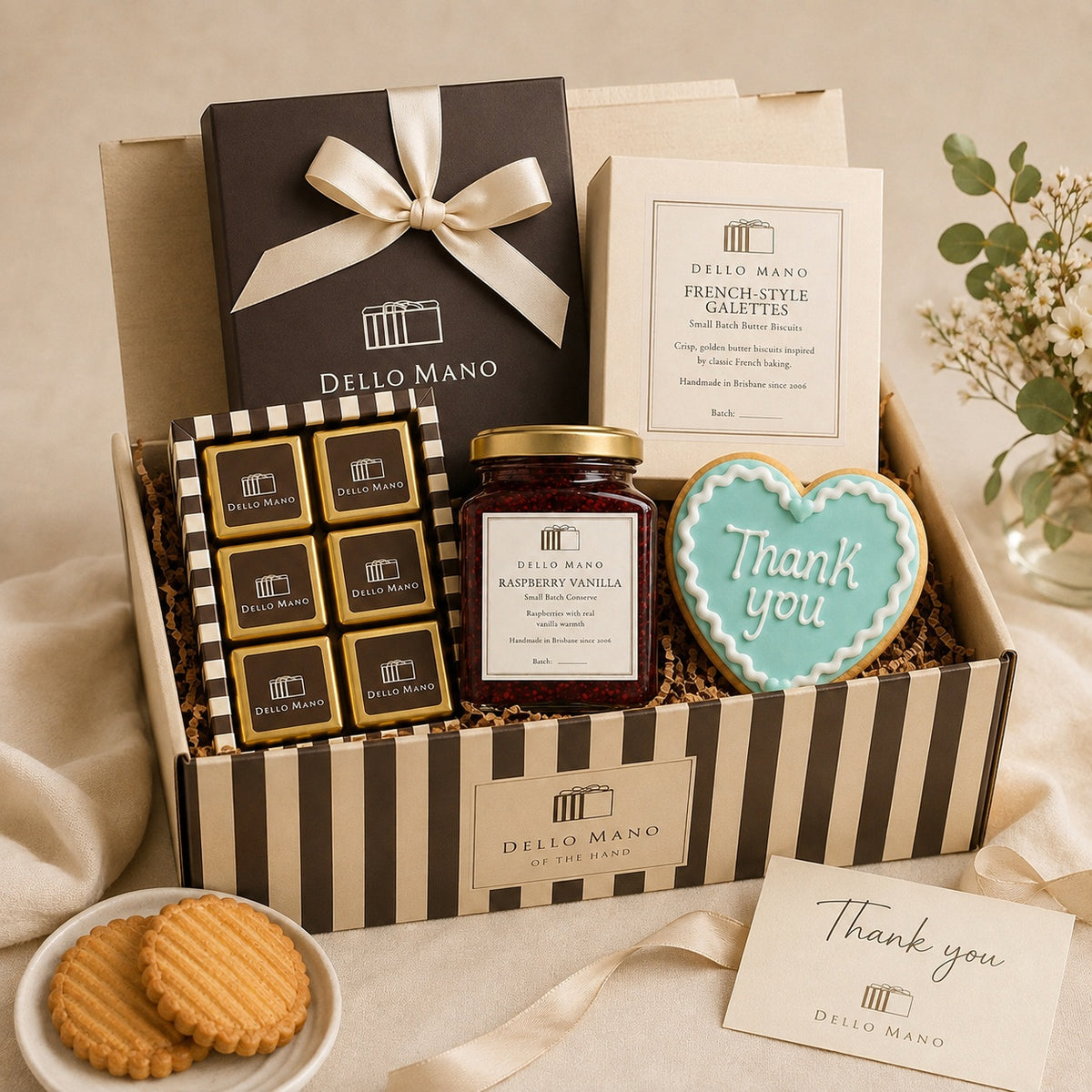 Dello Mano thank-you gift hamper with brownies, French Galettes, raspberry vanilla conserve and a handmade thank-you cookie in a striped gift box.