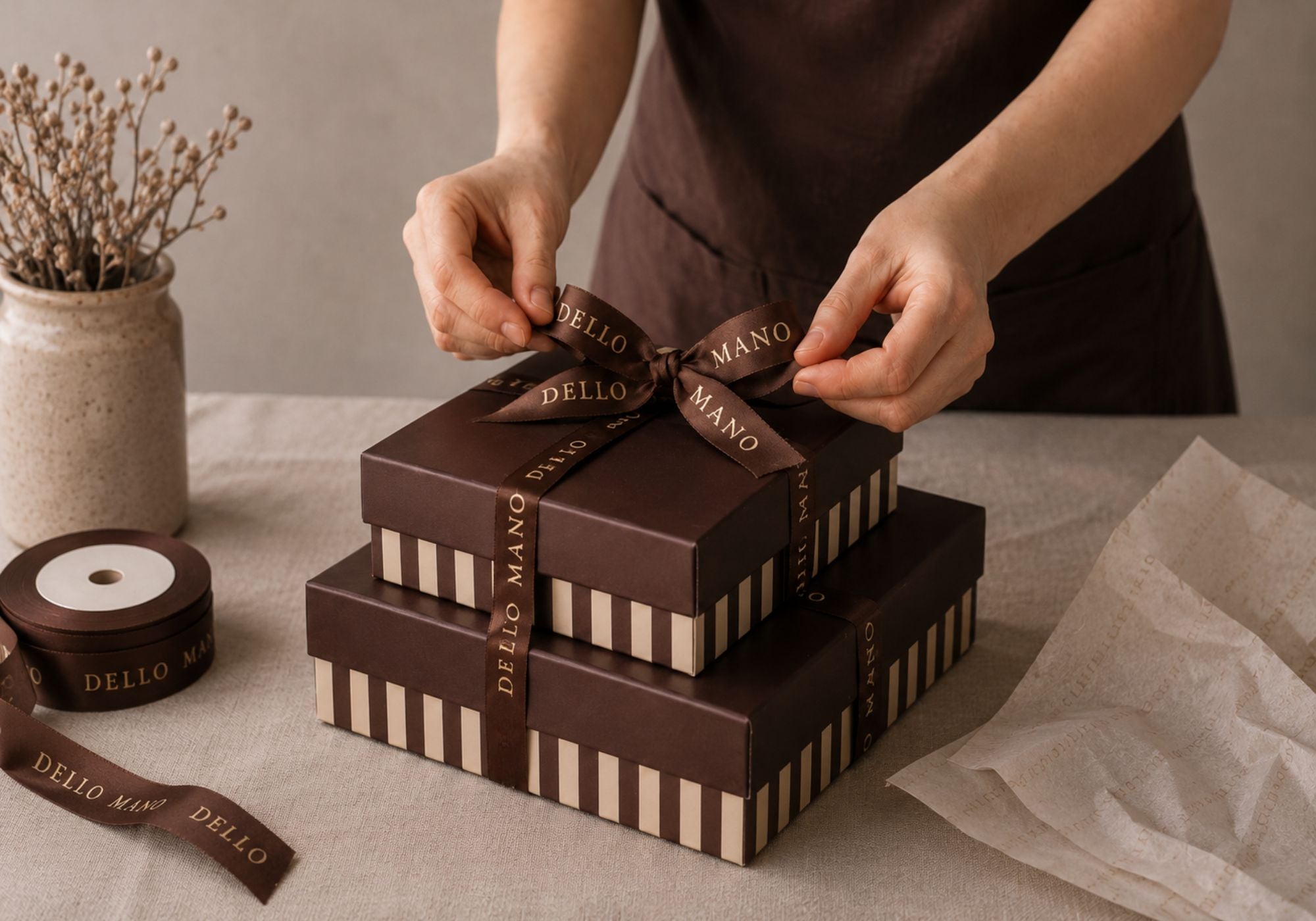 Dello Mano chocolate gifts being packed by hand in the Brisbane kitchen for thank you gifting and delivery.