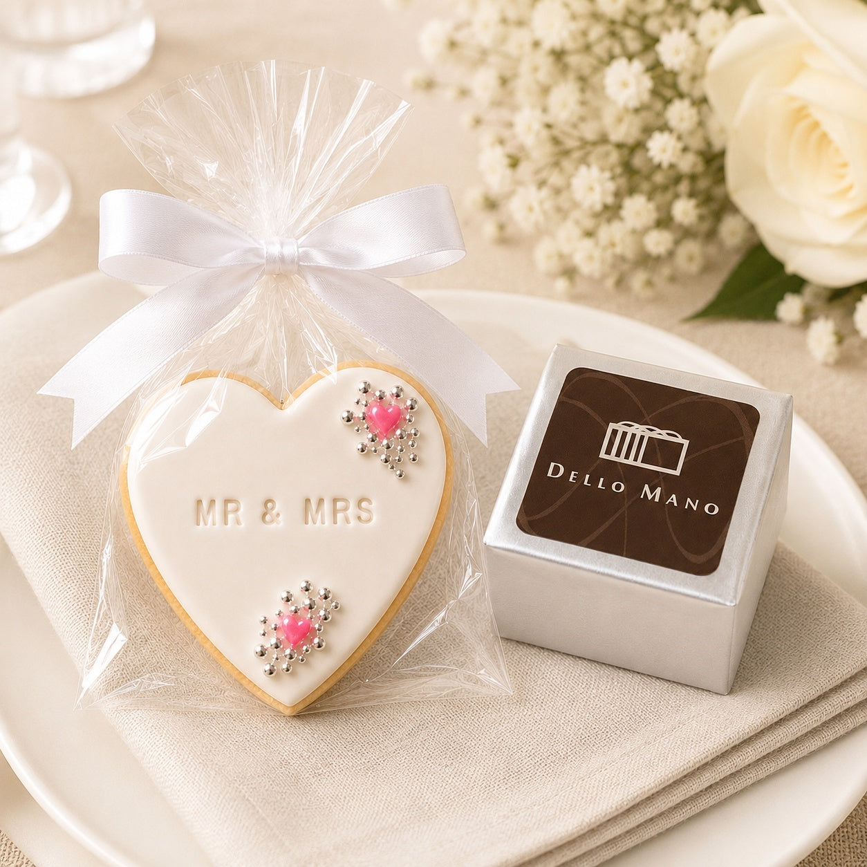 Dello Mano wedding favour with a handmade heart cookie and individually boxed brownie cube styled at an elegant place setting.