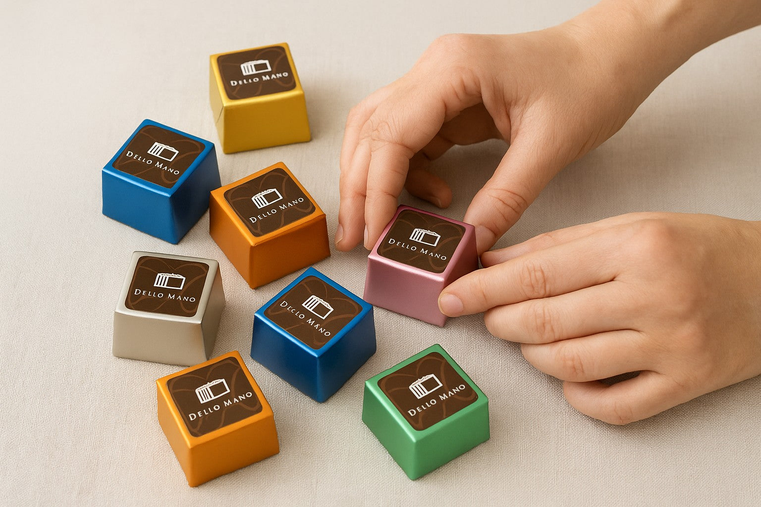 Close-up of hands carefully arranging colourful foil-wrapped Dello Mano Luxury Brownie Cubes on a linen surface, showcasing handmade craftsmanship and family heritage