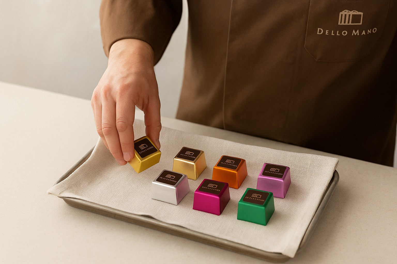 Chocolatier in a brown uniform carefully arranges foil-wrapped Luxury Brownie Cubes with branded labels on a linen-lined tray, showcasing handmade craftsmanship