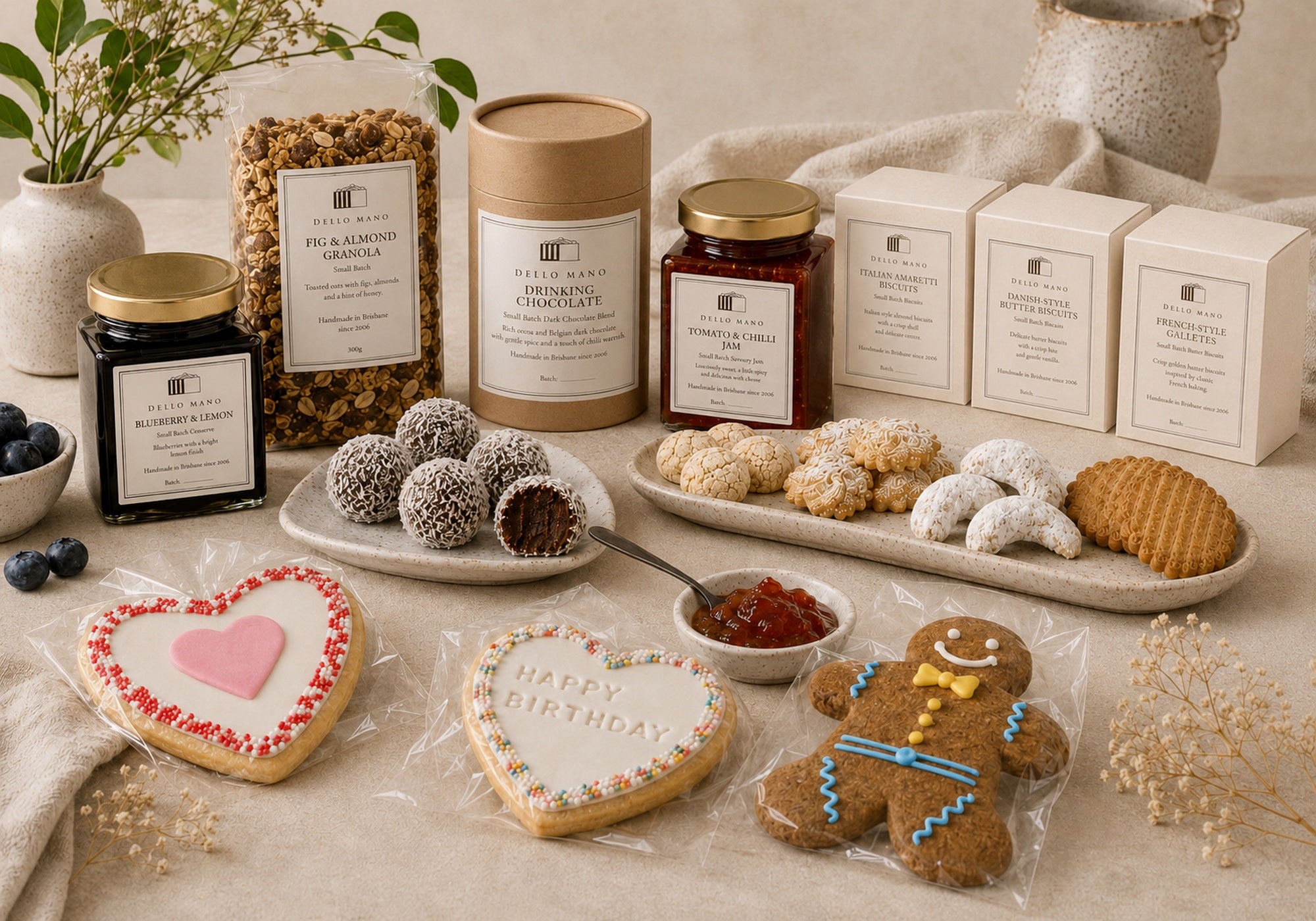 Dello Mano Little Luxuries range with European-style biscuits, preserves, granola, drinking chocolate, rum balls and decorated gift cookies.