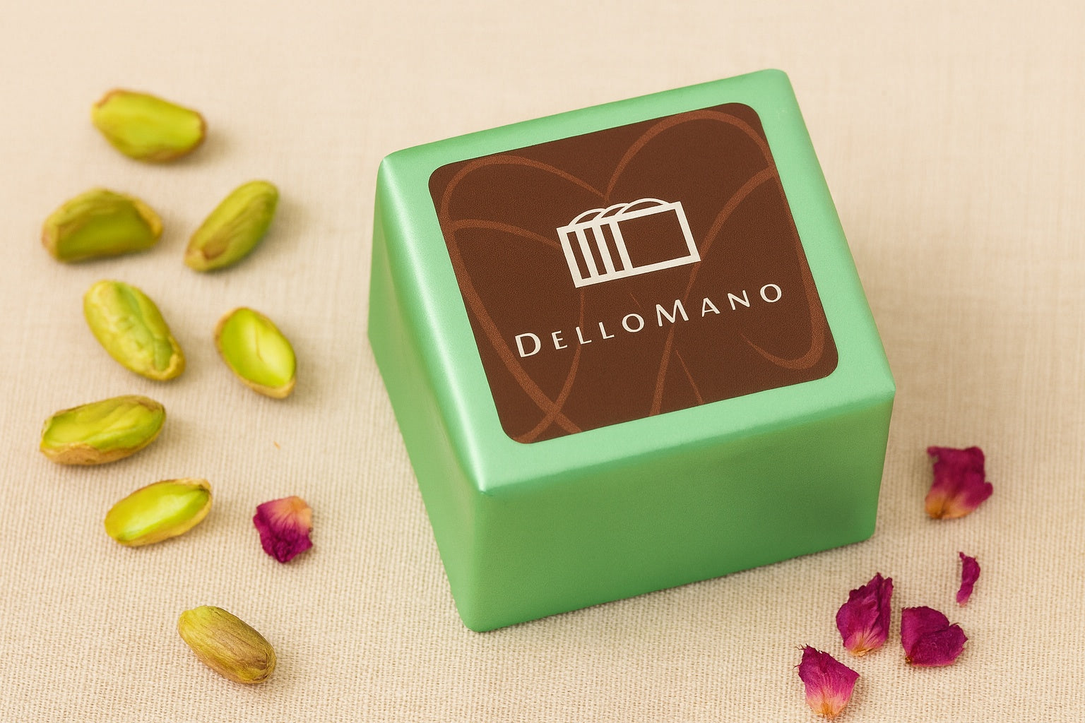 Dello Mano Rosewater Pistachio Brownie Cube wrapped in green foil on a linen background, styled with scattered pistachios and delicate rose petals to highlight flavour