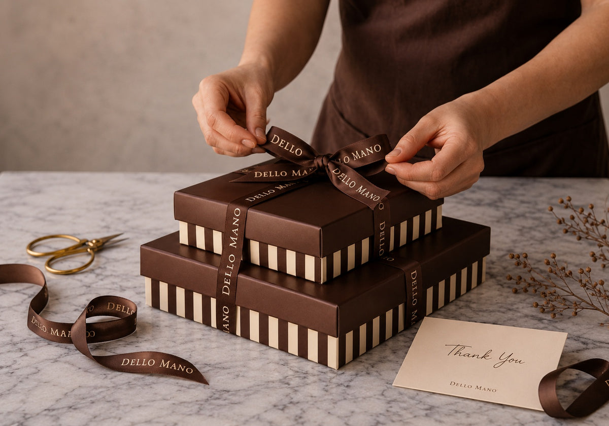 Dello Mano thank-you gift boxes being tied with ribbon before delivery