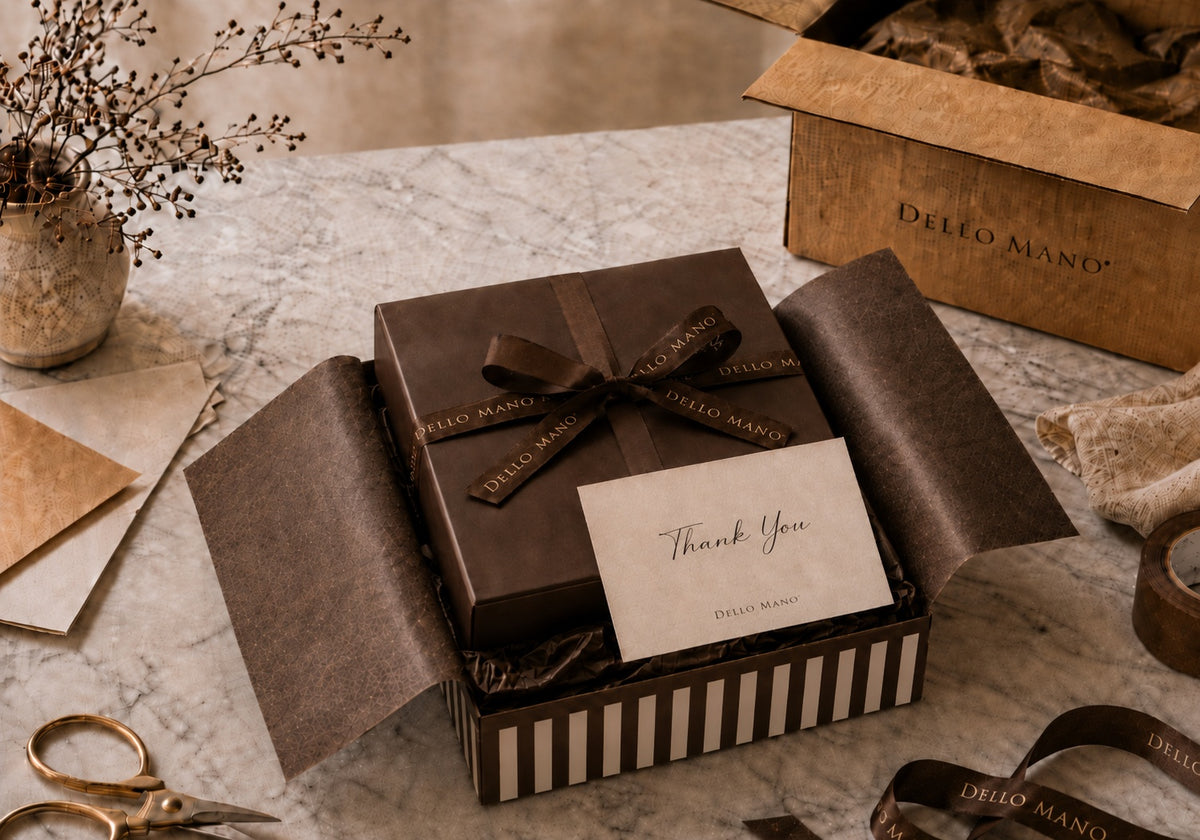 Dello Mano thank-you gift packed with tissue, ribbon and a personal message
