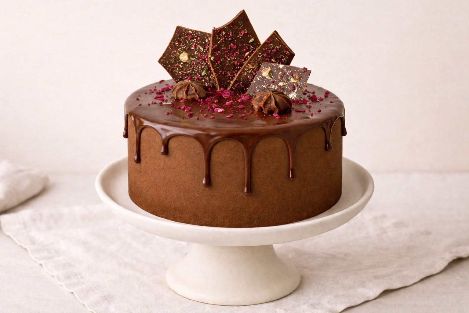 Divine Belgian chocolate mousse cake with glossy ganache drips on a handmade ceramic cake stand with natural linen tablecloth.