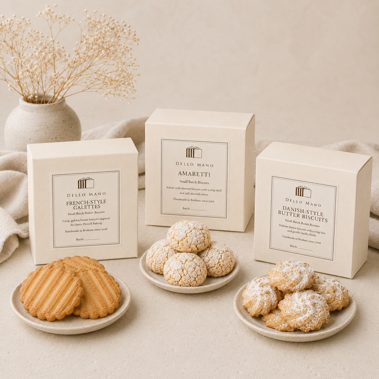 Handmade European-style biscuits from the Dello Mano European Biscuit Collection, arranged on a serving plate.