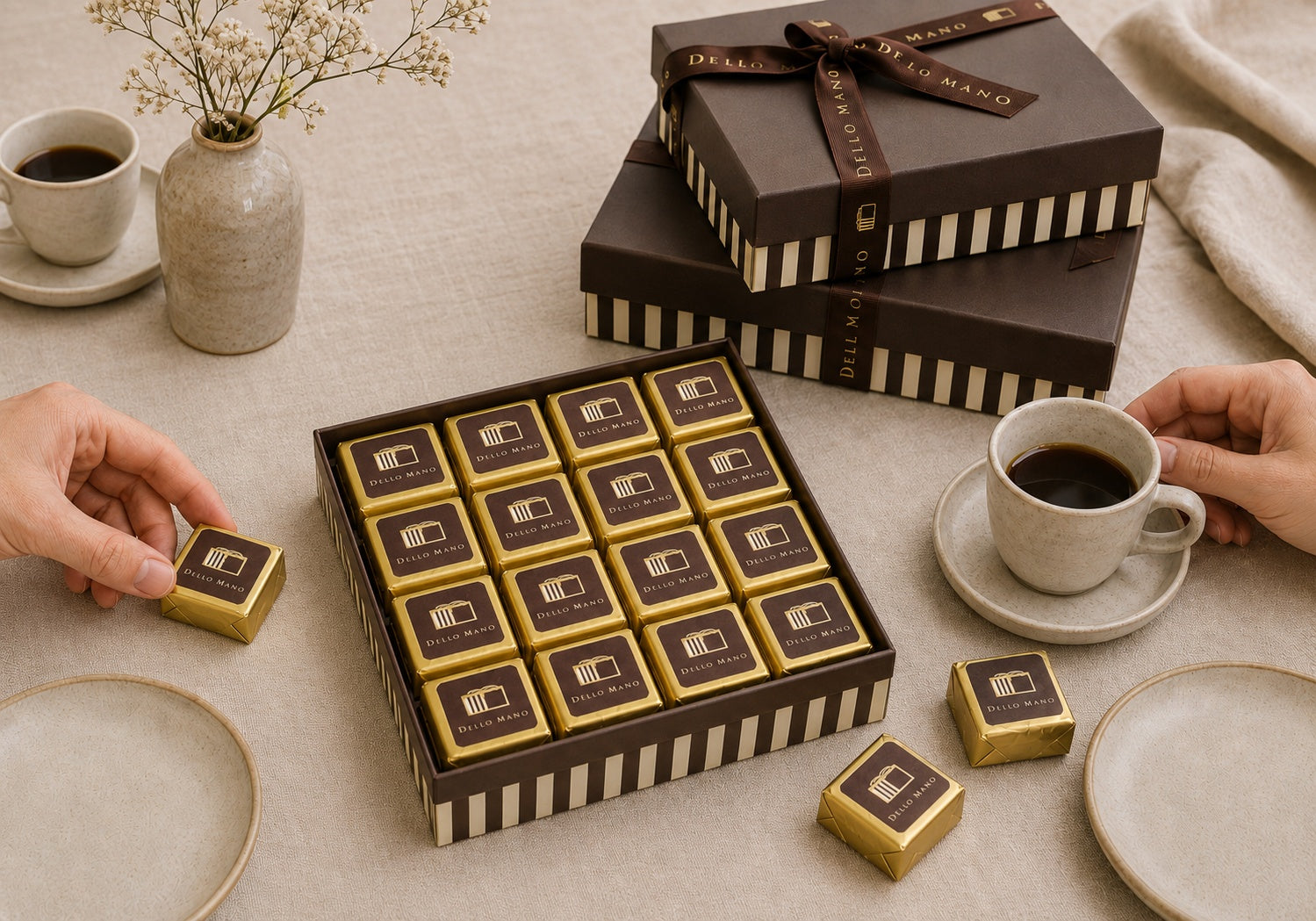 Dello Mano Extravagance Brownie Gift Box sharing scene with an open 16-piece brownie box, two closed gift boxes, coffee cups and individually wrapped brownies on neutral linen.