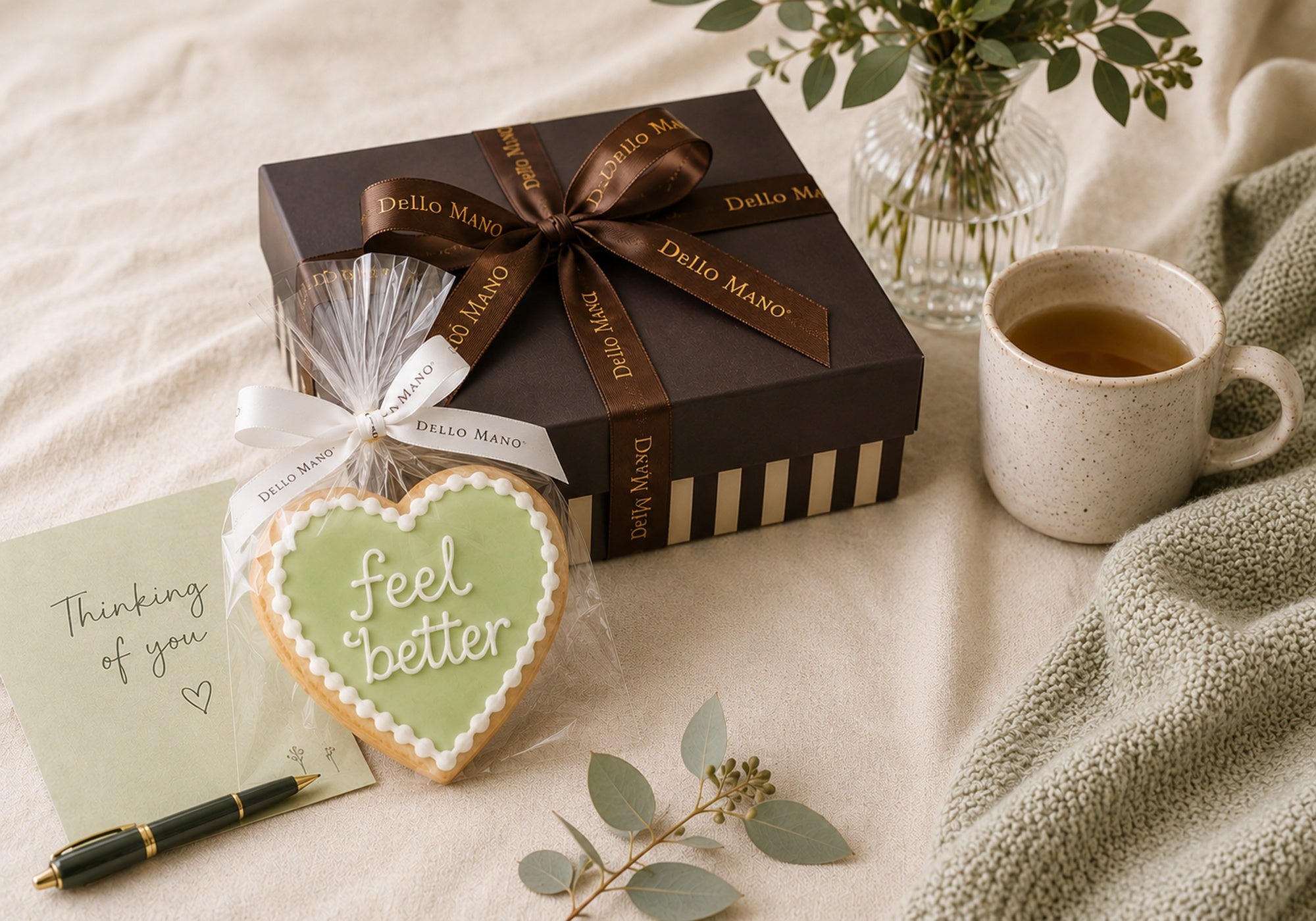 Feel Better cookie gift by Dello Mano with a handmade heart cookie in a clear cello bag, white ribbon, luxury brownie gift box, tea and thinking of you card.