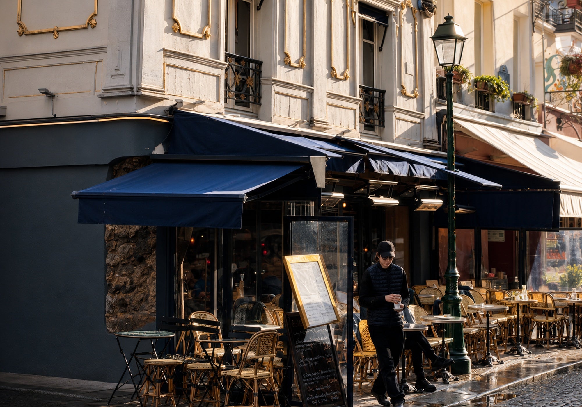 A French street café photographed during our travels in France, with blue awnings, outdoor tables and classic European architecture.