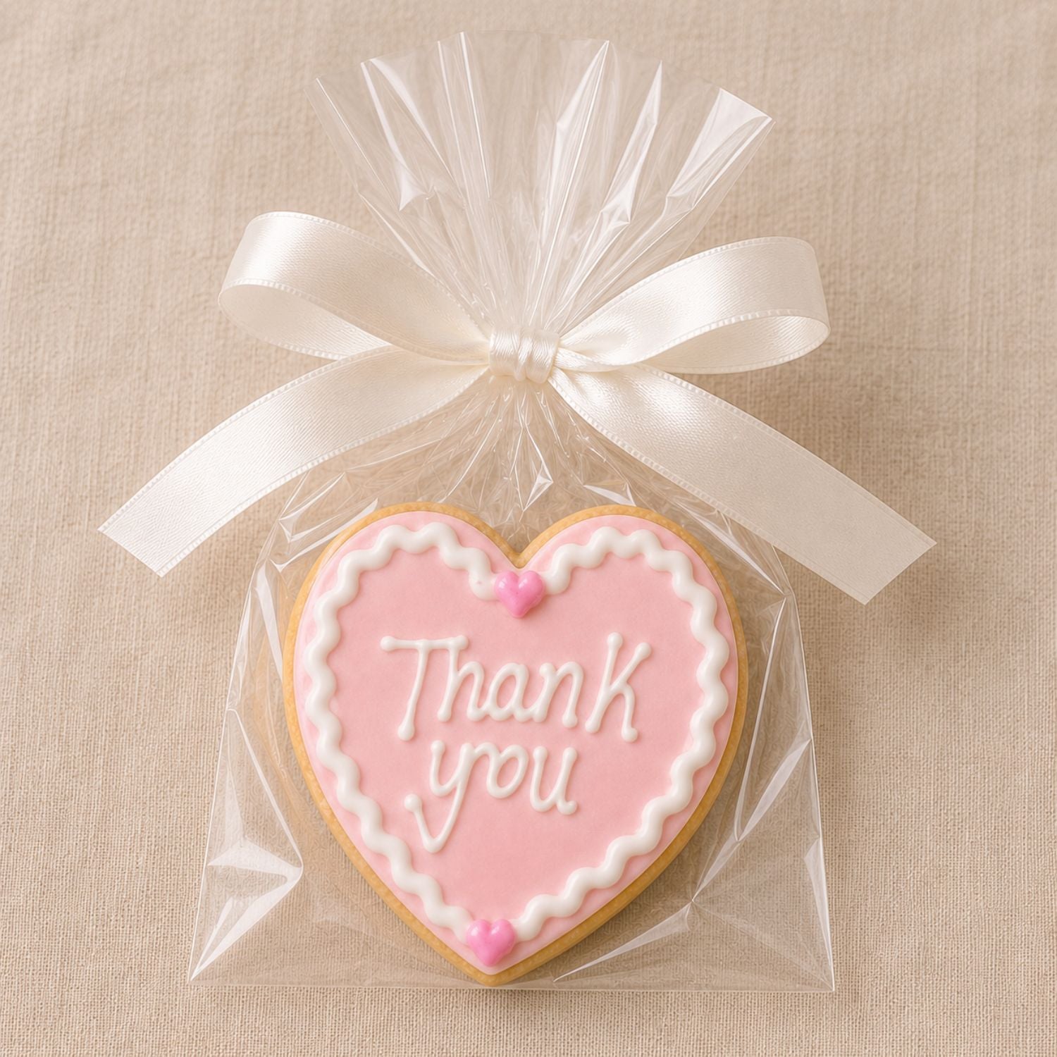Heart-shaped pink iced thank you cookie wrapped in clear cello with a white satin ribbon on soft neutral linen background.