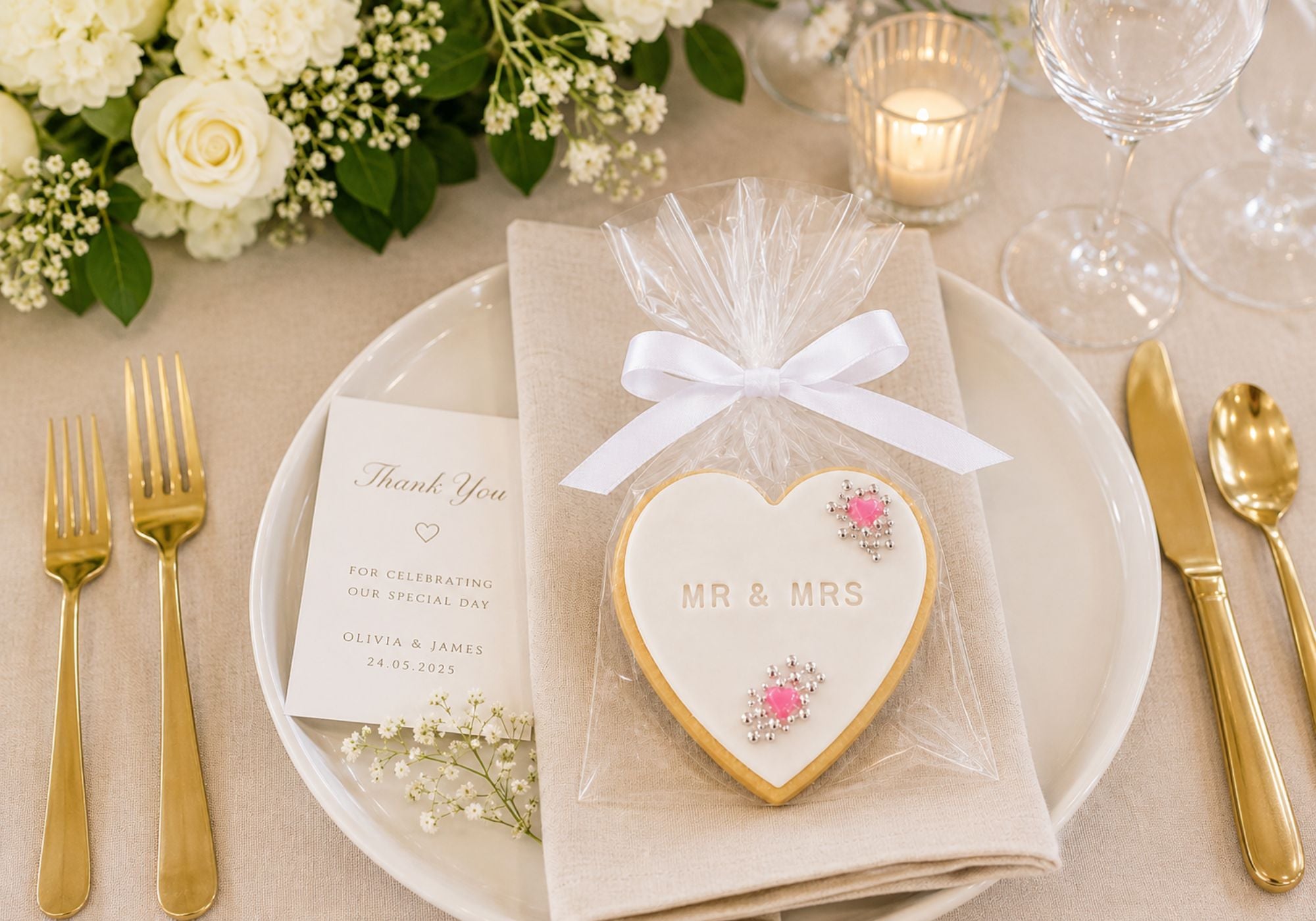 Handmade wedding cookie favour styled on an elegant neutral wedding table with candlelight, florals and soft linen.