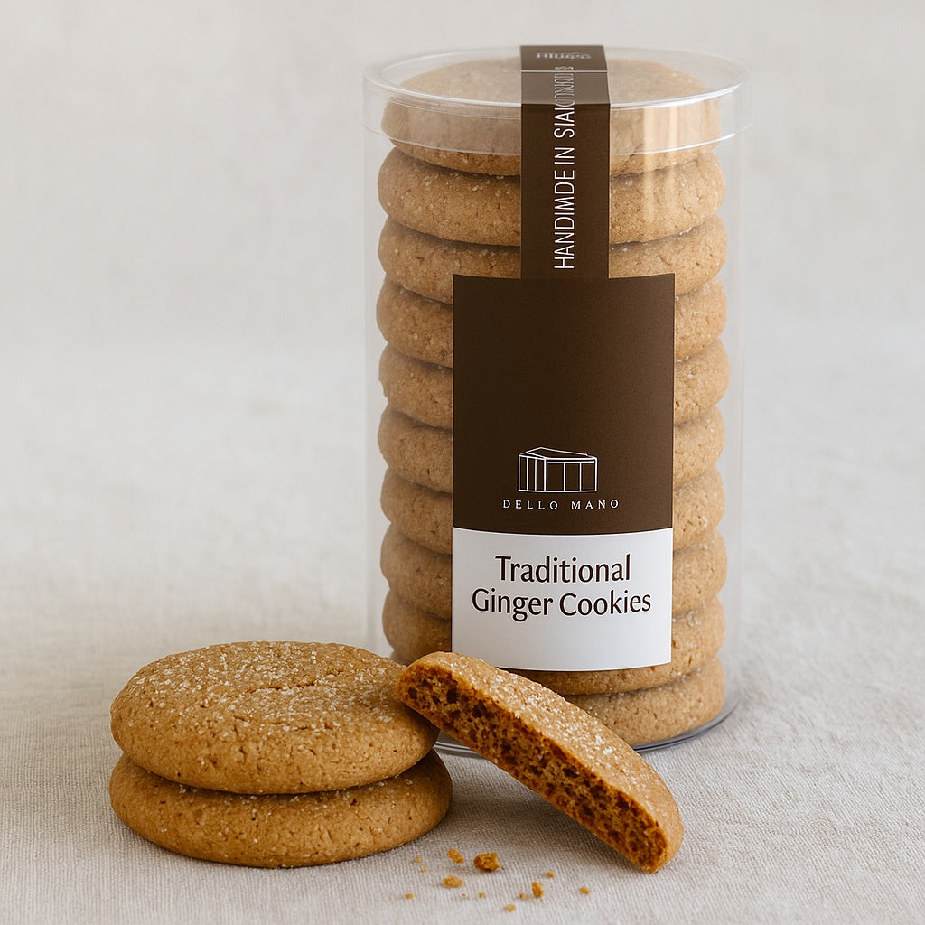 Dello Mano Traditional Ginger Cookies in a clear cylindrical pack with a label reading “Traditional Ginger Cookies.” Cookies in front, show golden-brown colour, sugar crystals, and natural cracks.