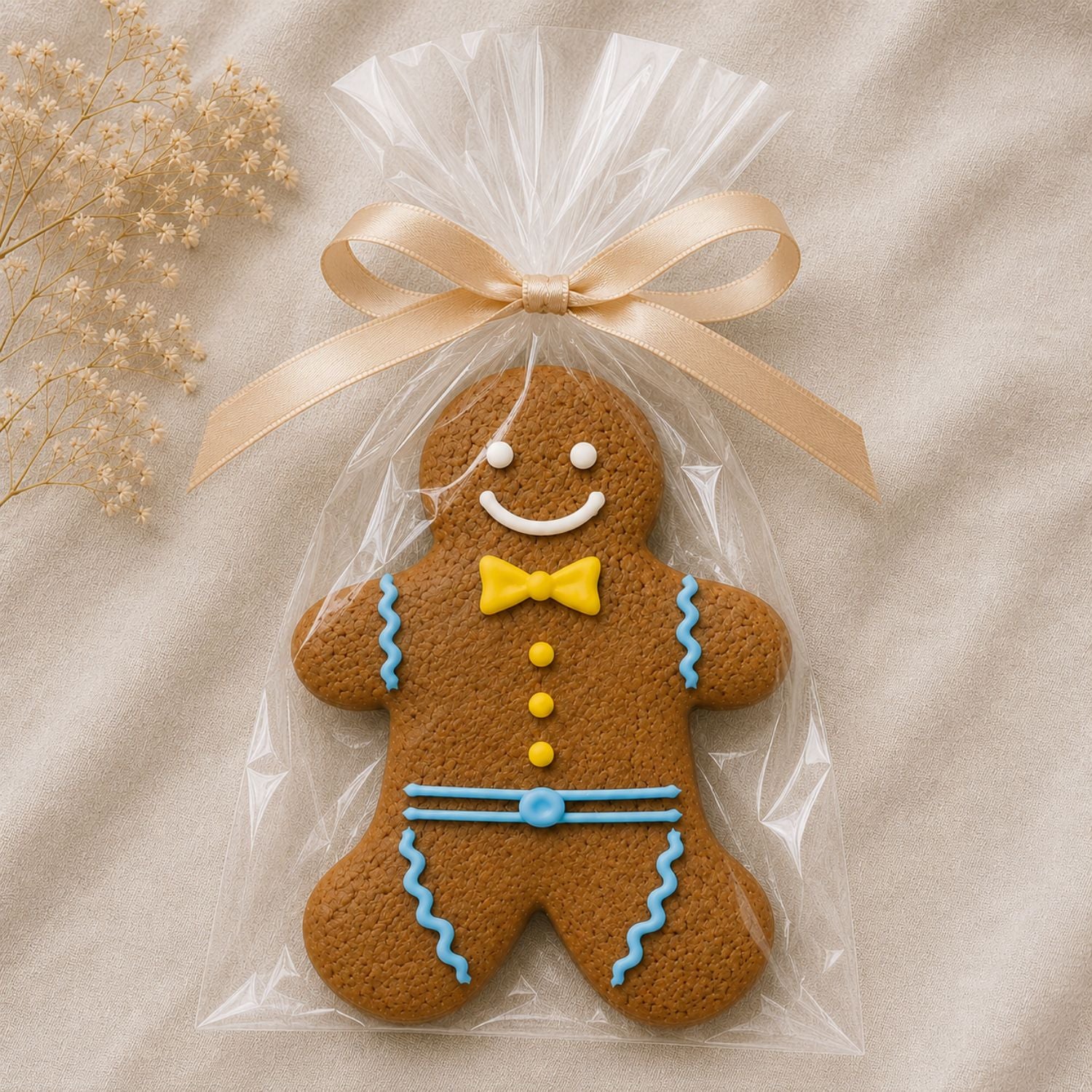 Handmade Gingerbread Boy Cookie individually wrapped in a clear cello bag and tied with ribbon, photographed on natural linen by Dello Mano Brisbane.