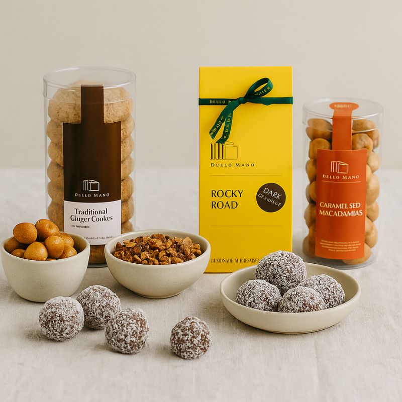 Contents of a Dello Mano hamper on a linen tablecloth