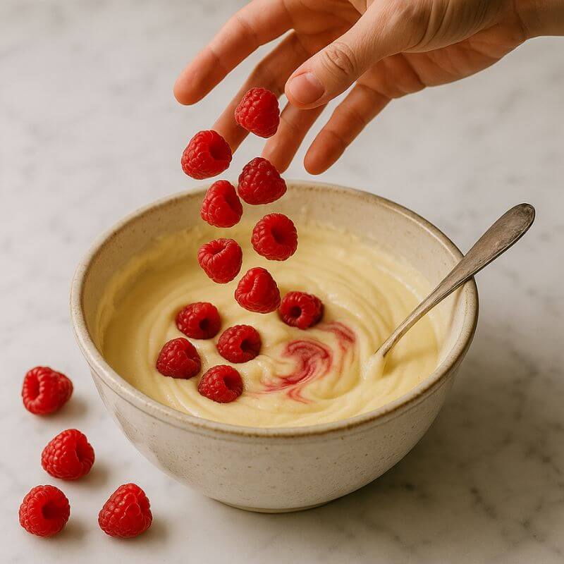 Hand dropping raspberries into a bowl of creamy cheesecake mix on a marble surface