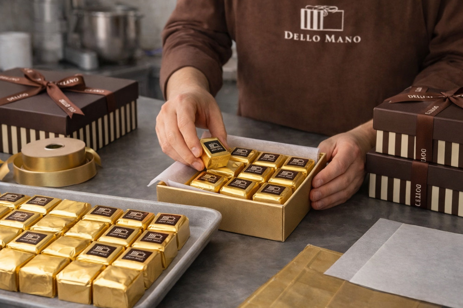 Handmade brownies being carefully packed into gift boxes in a kitchen, reflecting small batch production and delivery-focused design in Sydney