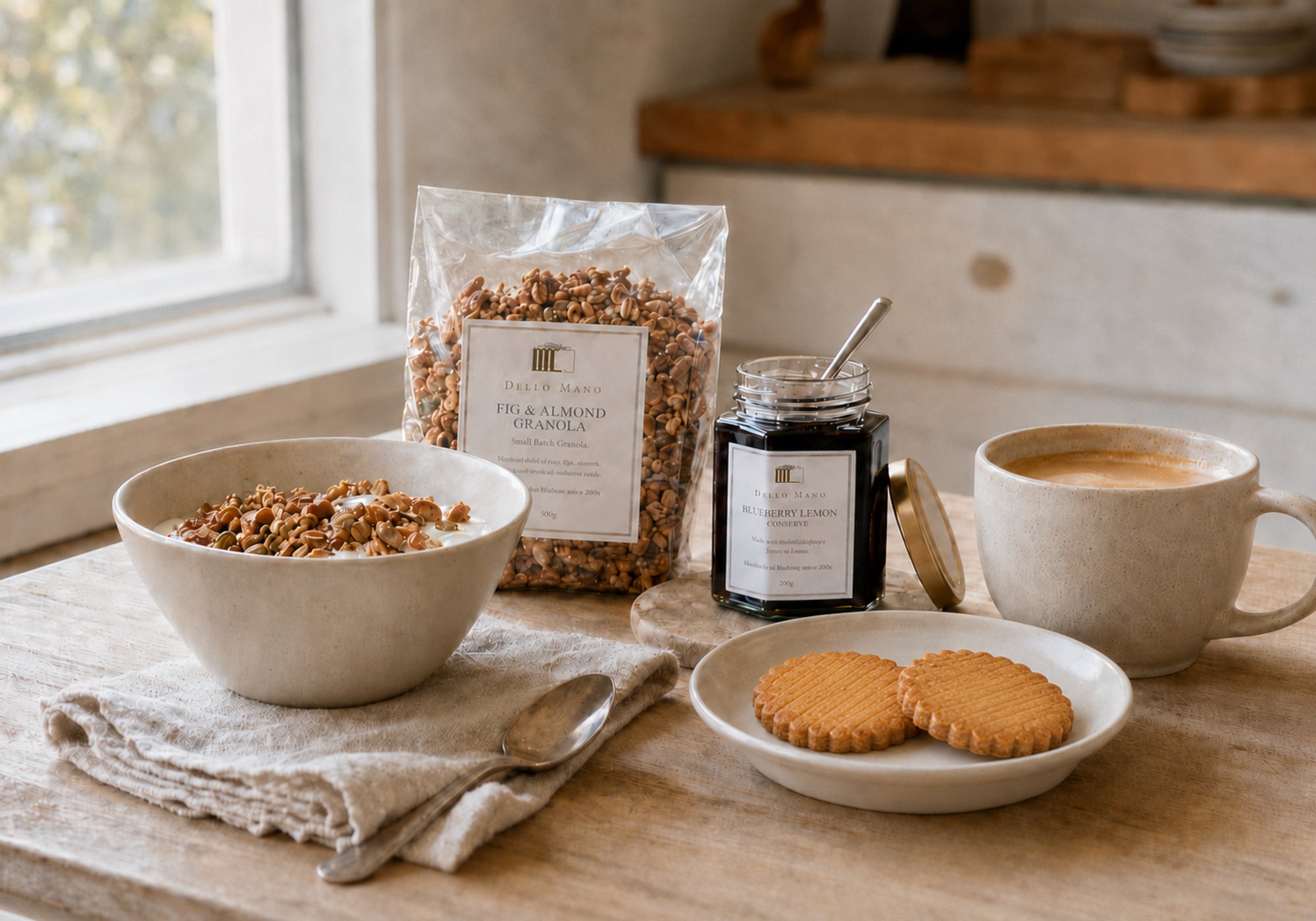 Dello Mano Fig and Almond Granola, Blueberry Lemon Conserve and French Galettes arranged in a calm breakfast setting with coffee.