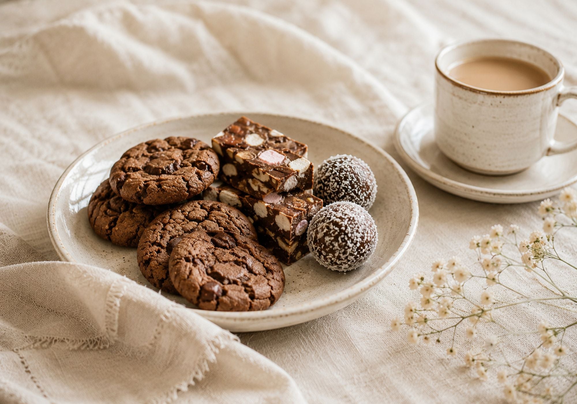 Plate of handmade cookies, rumballs and rocky road next to a cup of coffee on a soft fabric background