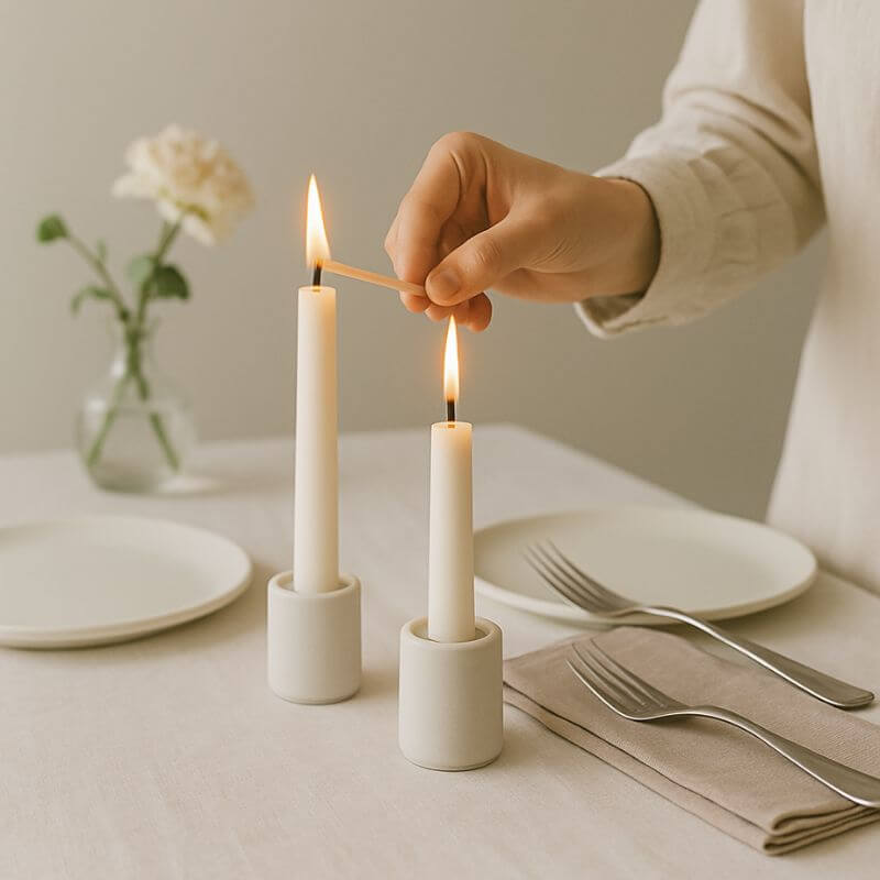 Person lighting a candle on a tablescape with plates, cutlery, and flowers.