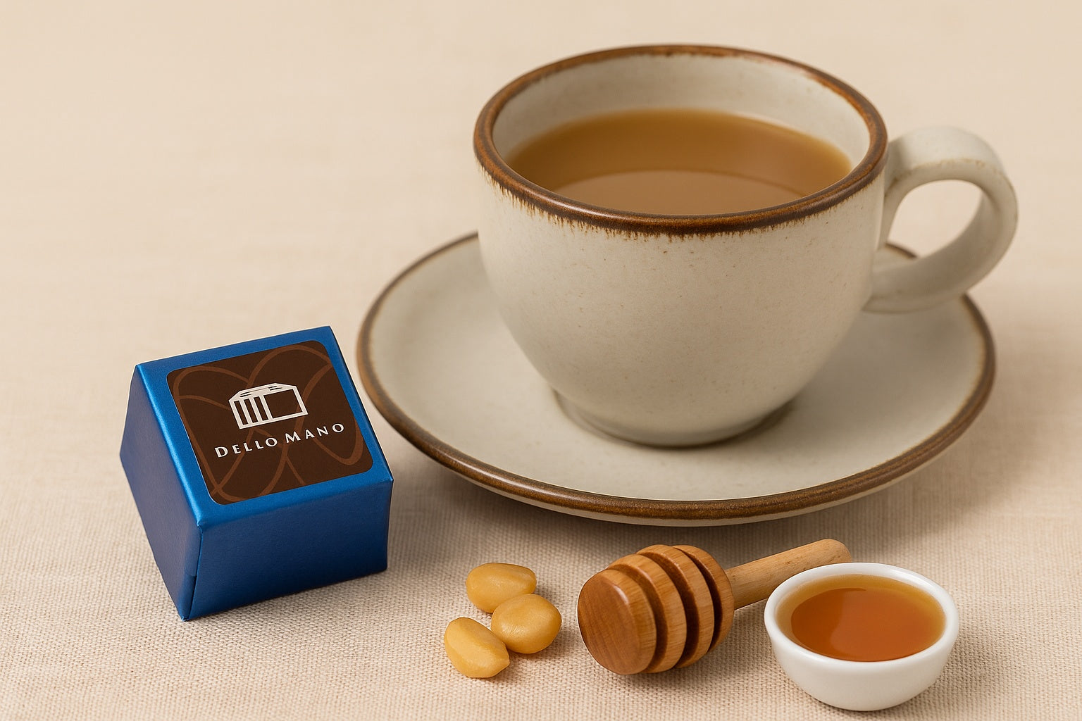 Dello Mano Honey Macadamia Brownie Cube wrapped in blue foil with branded label, styled beside a handmade cup and saucer of tea or coffee