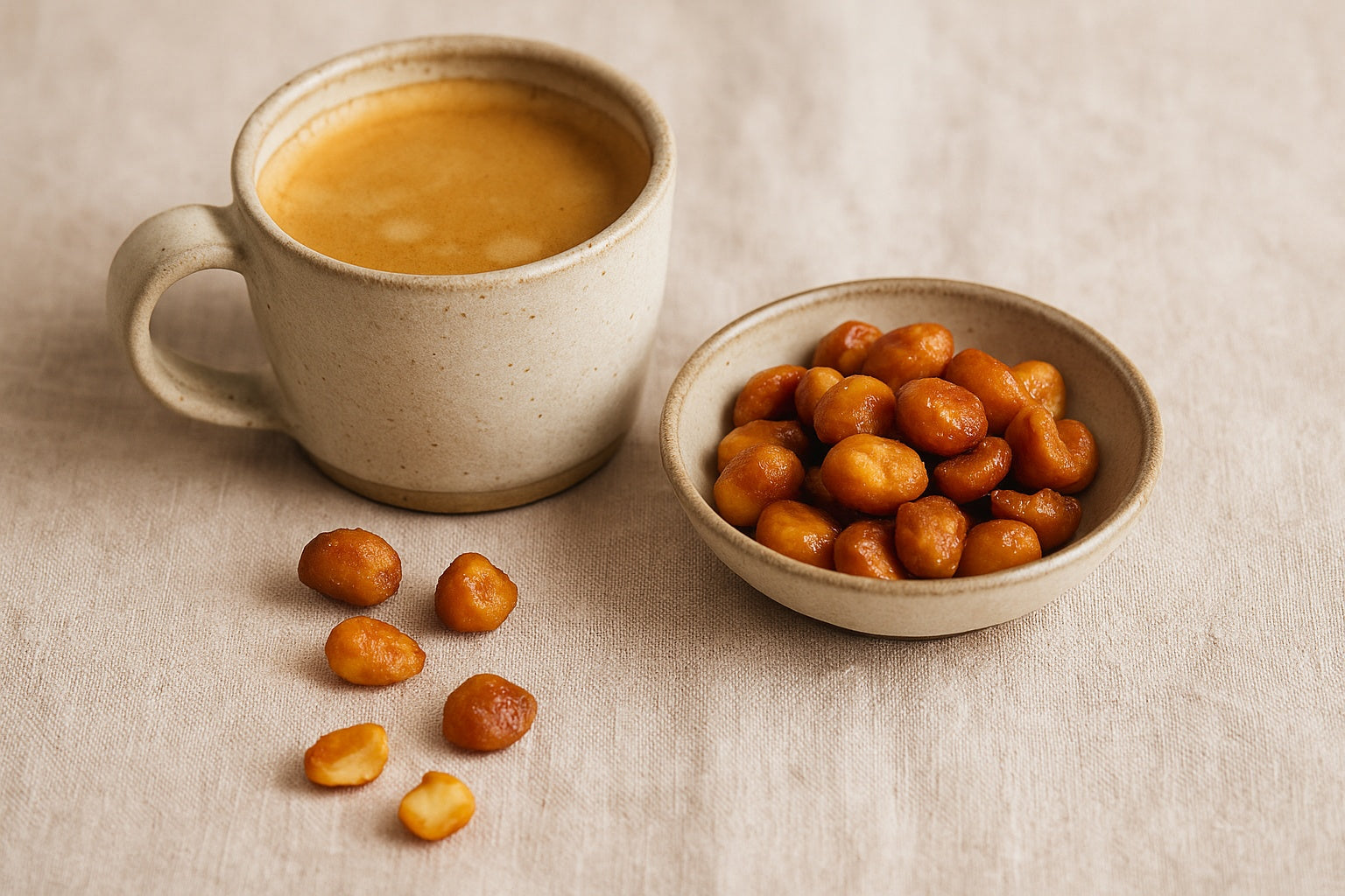 Rustic ceramic cup of coffee with a small bowl of handmade honey caramelised macadamias on natural linen, a few nuts scattered casually, creating a calm everyday indulgence scene.