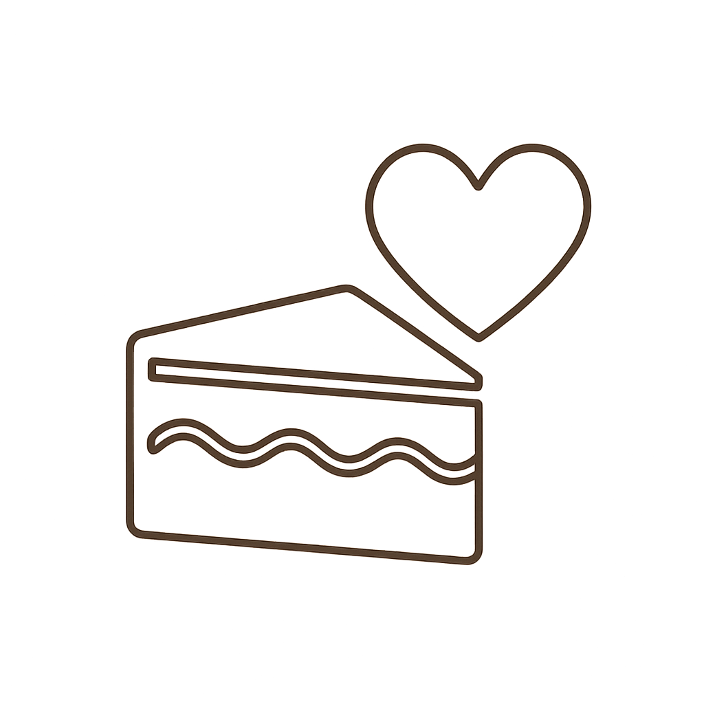 A brown line icon of a slice of cake with a heart on transparent background