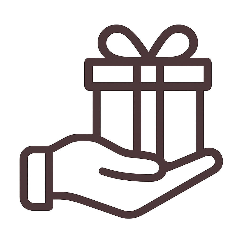 Line drawing of a hand holding a gift box with a bow on a transparent  background