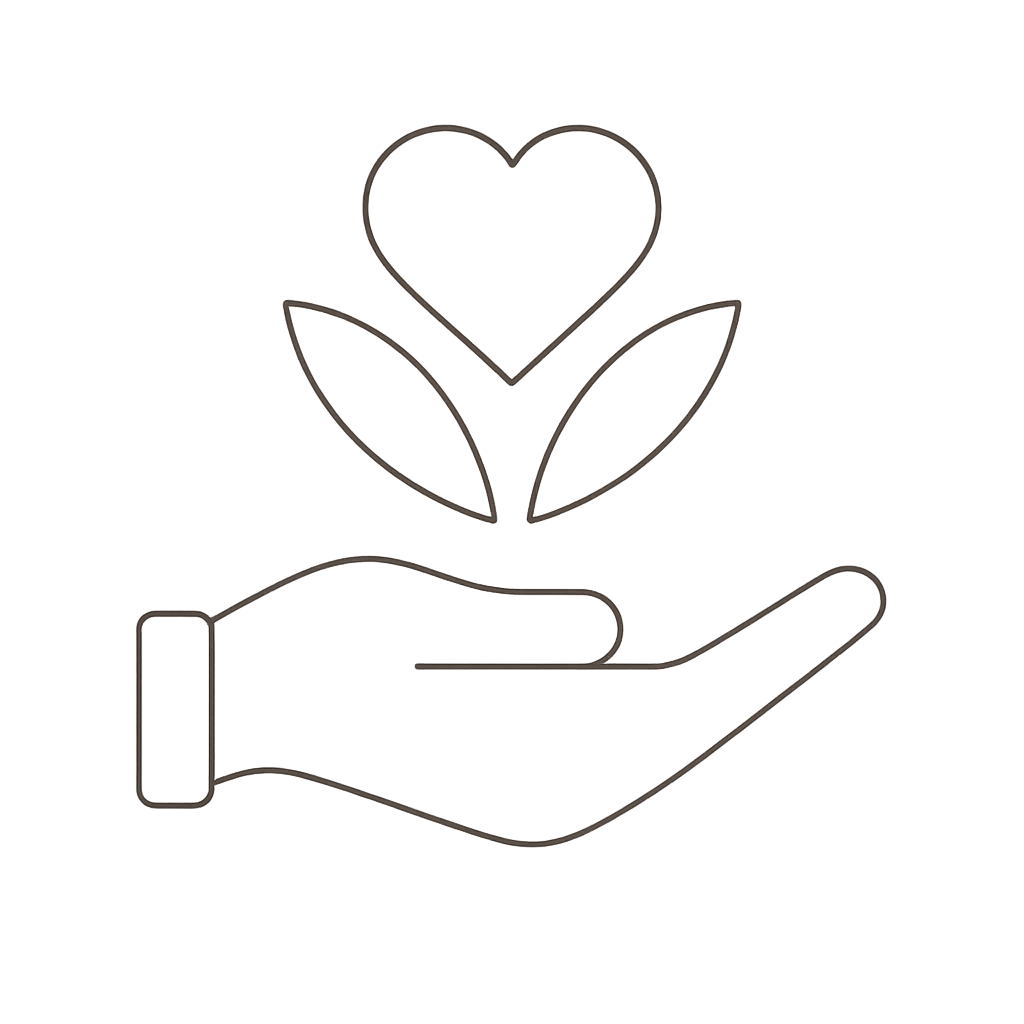 A fine line icon of a hand holding a heart on a transparent background