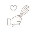 Line drawing icon of a hand holding a whisk with a heart symbol above it representing handmade